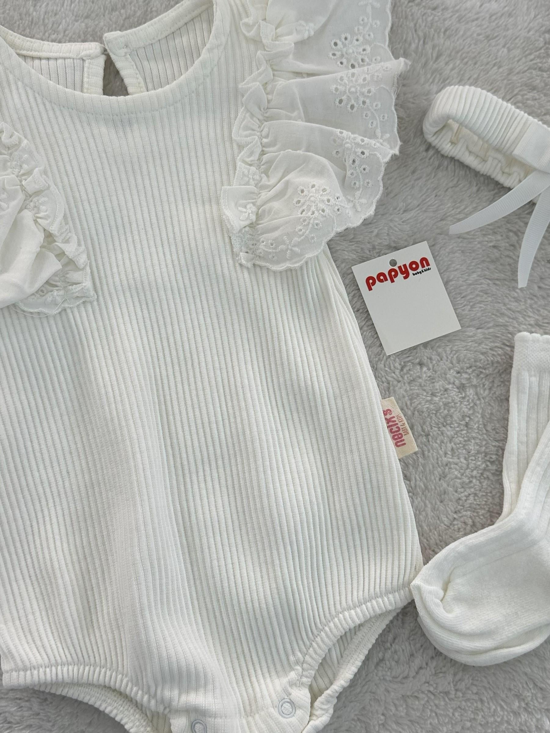 Pune Raporlu Güpürlü Kız Bebek Badi Bandana Çorap Set 0-3/3-6/6-9 Ay