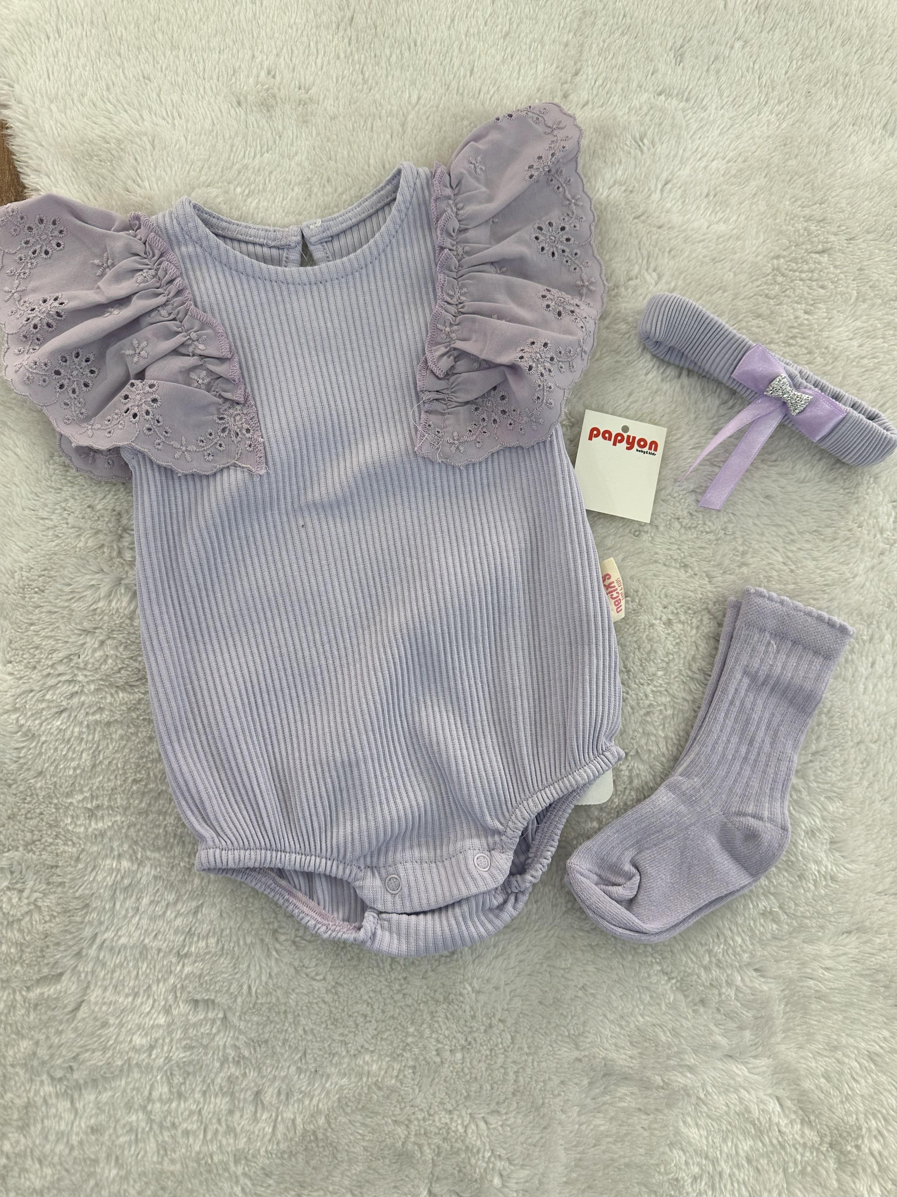 Pune Raporlu Güpürlü Kız Bebek Badi Bandana Çorap Set 0-3/3-6/6-9 Ay