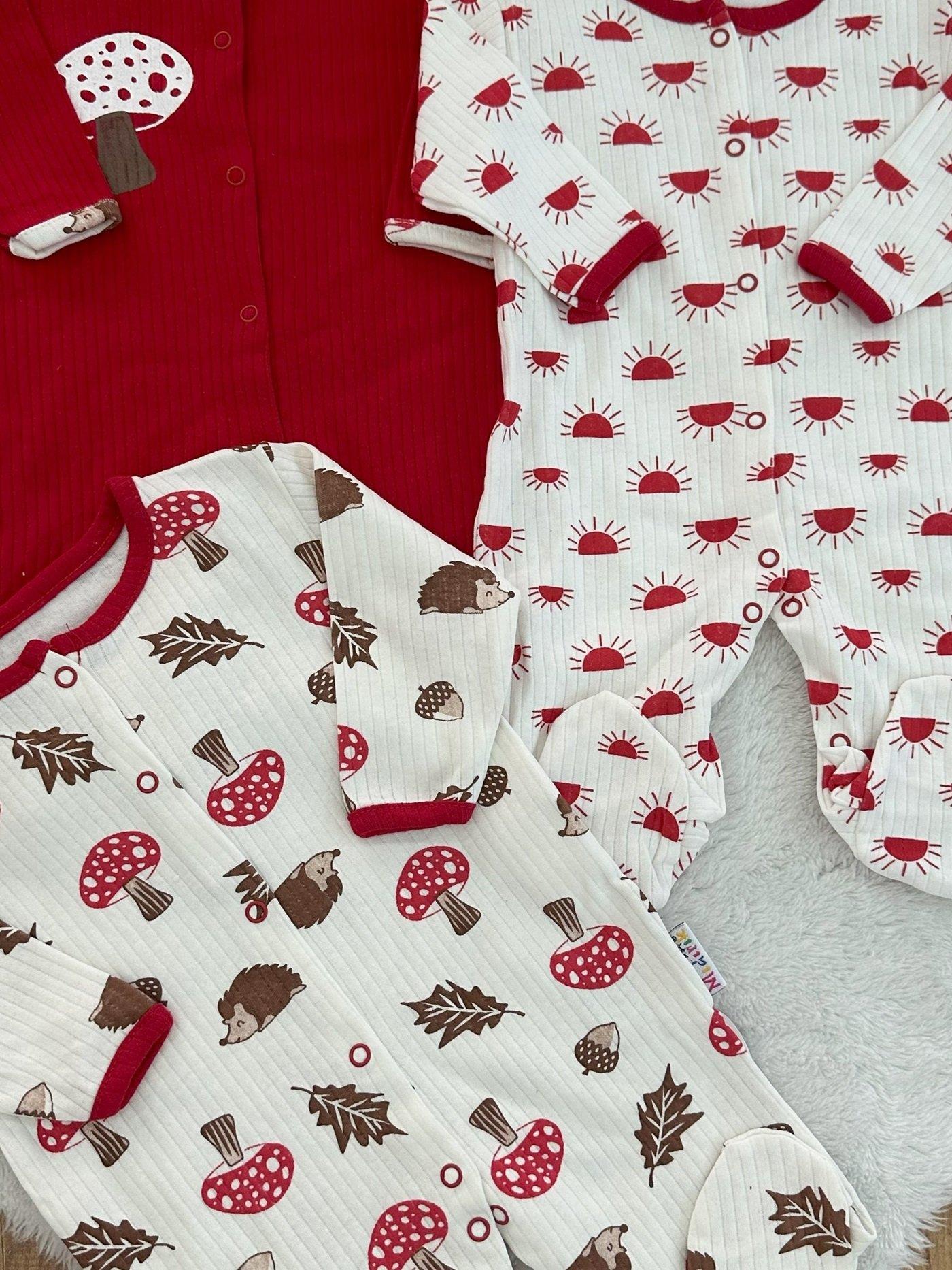 Mantar Güneş Baskılı Uniseks Bebek 3lü Patikli Tulum Set 0-3/3-6/6-9 Ay