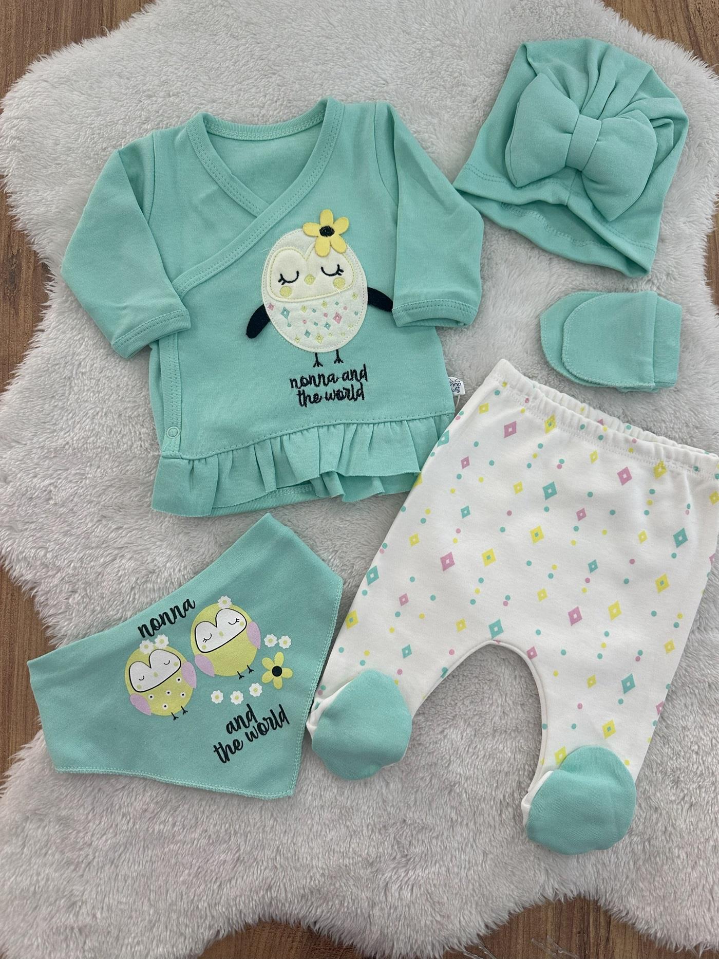 Kuş Model Yenidoğan Kız Bebek 5li Zıbın Set Hastane Çıkışı