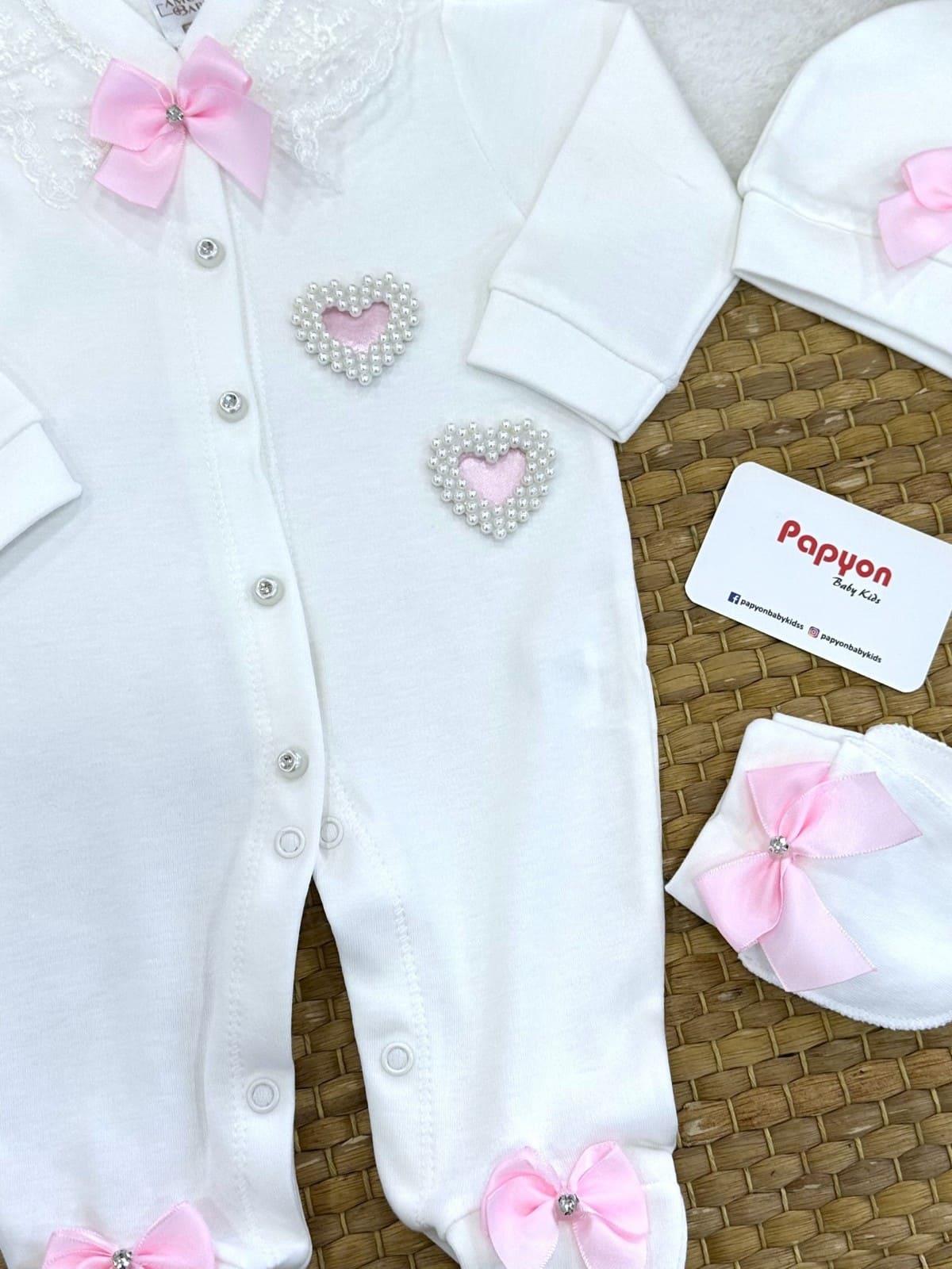 Fiyonklu Dantelli Kalp Taş Baskılı Kız Bebek Tulum Set (0-3/3-6/6-9 Ay)