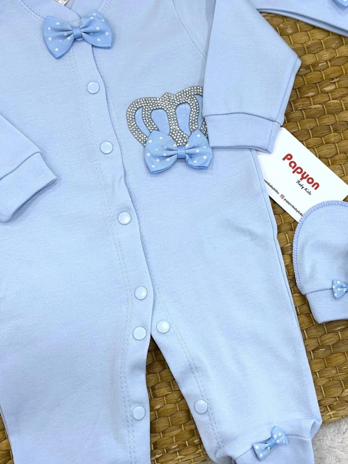 Fiyonklu Taç Taş Baskılı Erkek Bebek Tulum Set (0-3/3-6/6-9 Ay)
