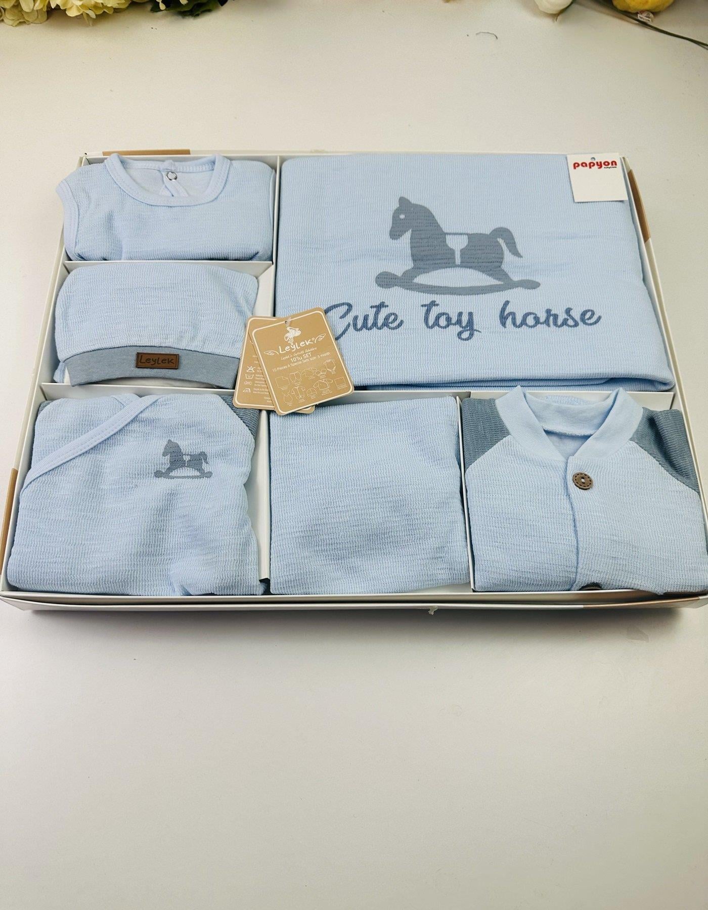 Atlı Tulumlu Organik Erkek Bebek 10lu Zıbın Set Hastane Çıkışı
