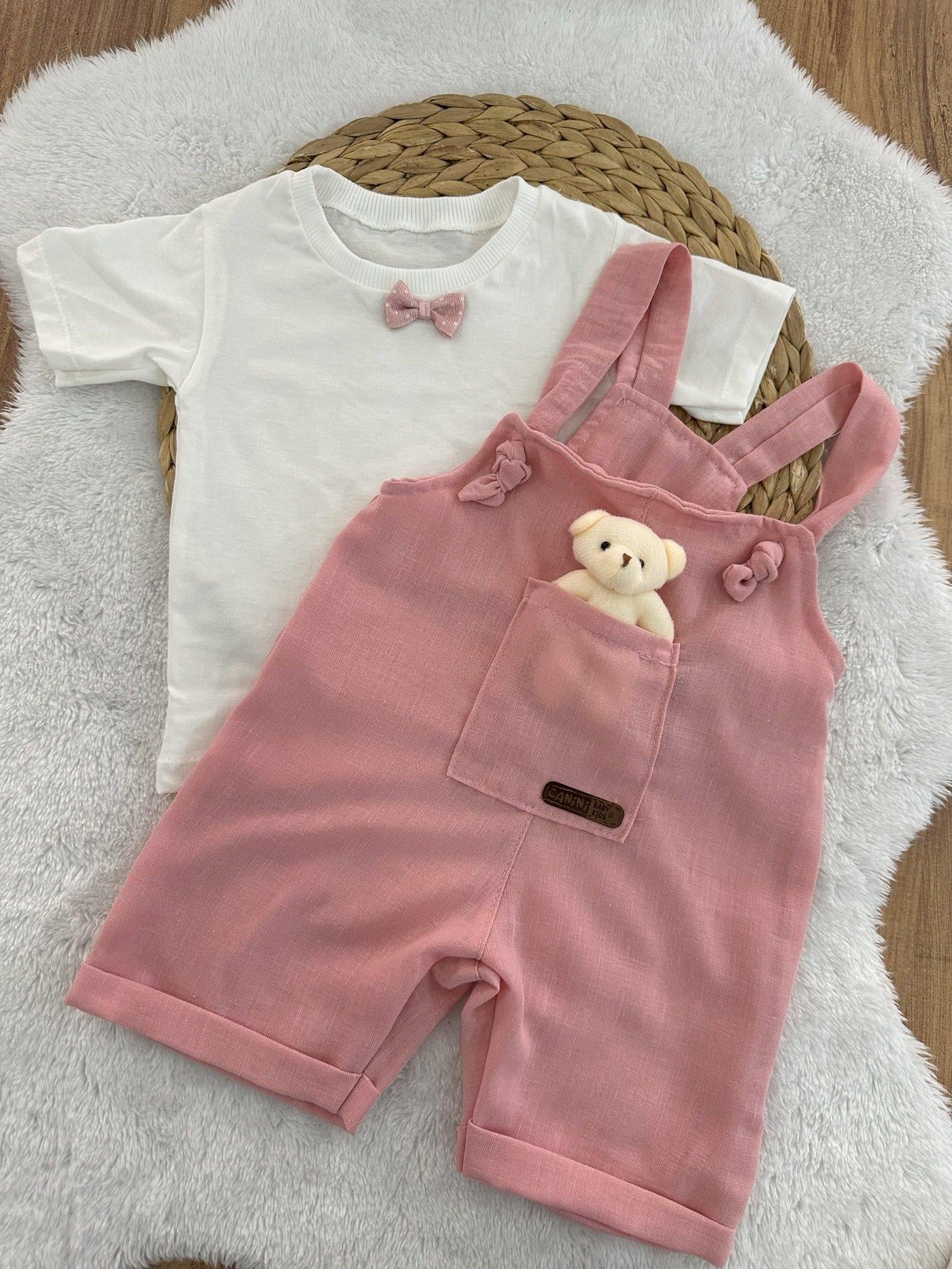 Ayıcıklı Kız Bebek Keten Salopet Takım 3-6/6-9/9-12 Ay