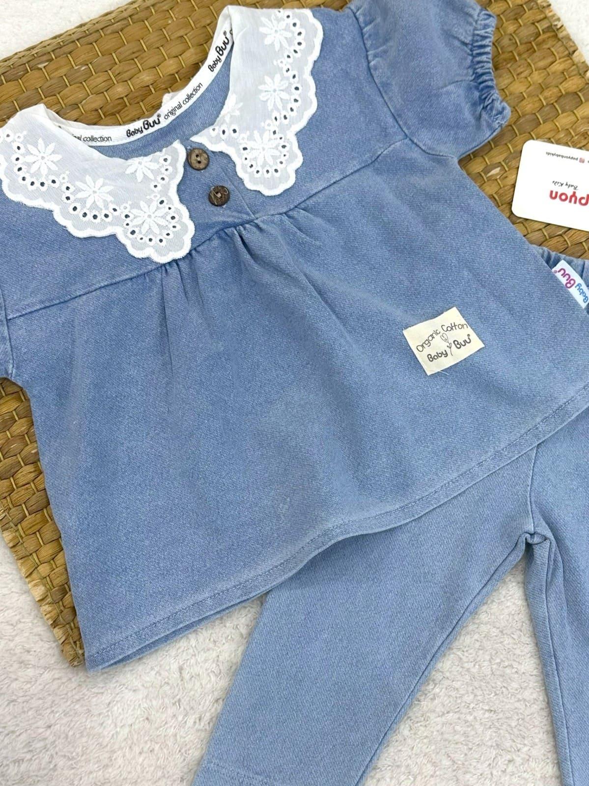 Güpür Yakalı Kız Bebek Taytlı Kot Takım (3-6/6-9/9-12/12-18 Ay)