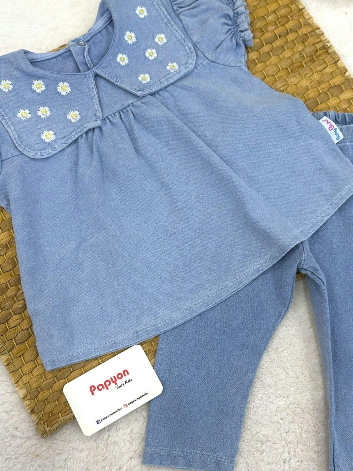 Papatya Nakışlı Yakalı Bluz Kız Bebek Taytlı Kot Takım (6-9/9-12/12-18/18-24 Ay)