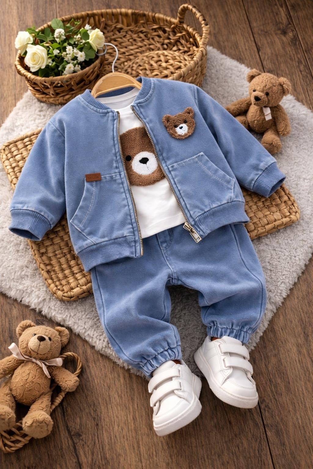 Süzene Ayıcık Nakışlı Ceketli Erkek Bebek 3lü Takım (6-9/9-12/12-18/18-24 Ay)