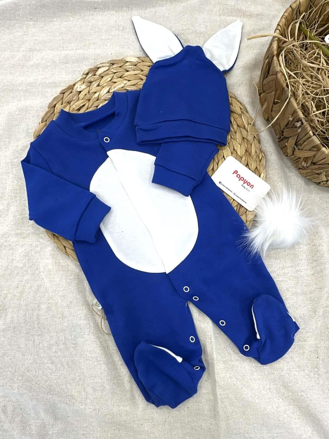 Ponponlu Tavşan Bereli Erkek Bebek Tulum 0-3/3-6 Ay