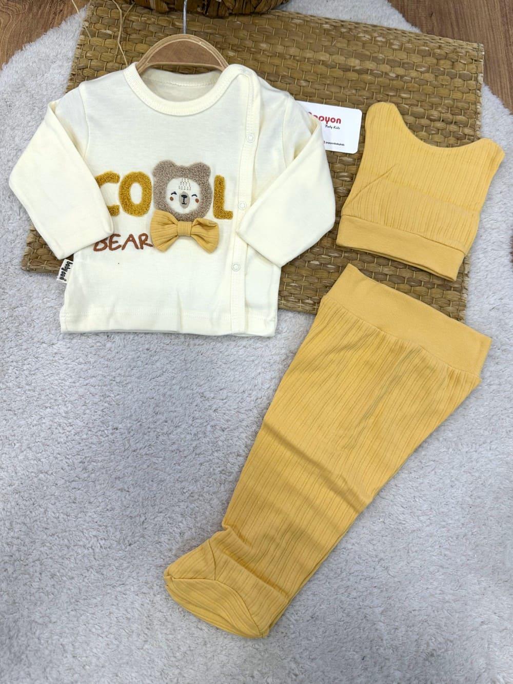 Süzene Cool Bear Nakışlı Kendinden Eldivenli Yenidoğan Erkek Bebek 3lü Zıbın Takımı 0-3 Ay