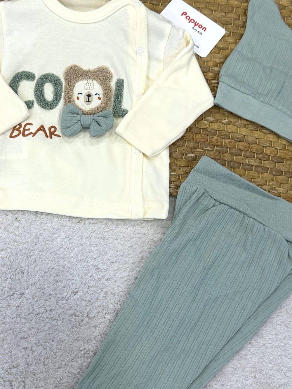 Süzene Cool Bear Nakışlı Kendinden Eldivenli Yenidoğan Erkek Bebek 3lü Zıbın Takımı 0-3 Ay