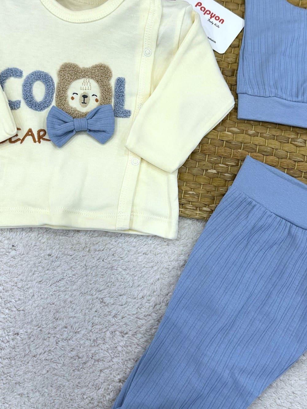 Süzene Cool Bear Nakışlı Kendinden Eldivenli Yenidoğan Erkek Bebek 3lü Zıbın Takımı 0-3 Ay