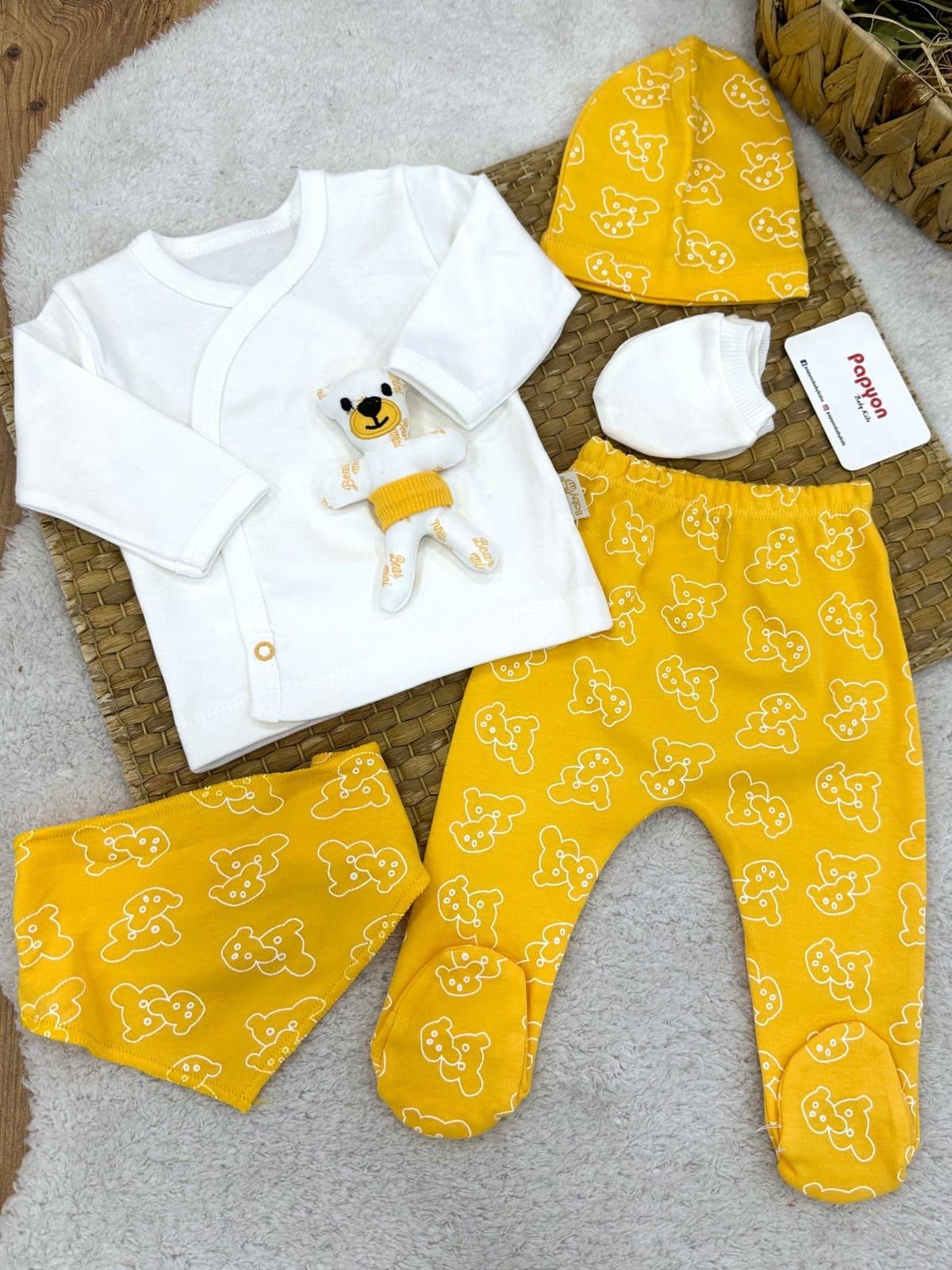 Ayıcık Aksesuarlı Yenidoğan Erkek Bebek 5li Zıbın Set