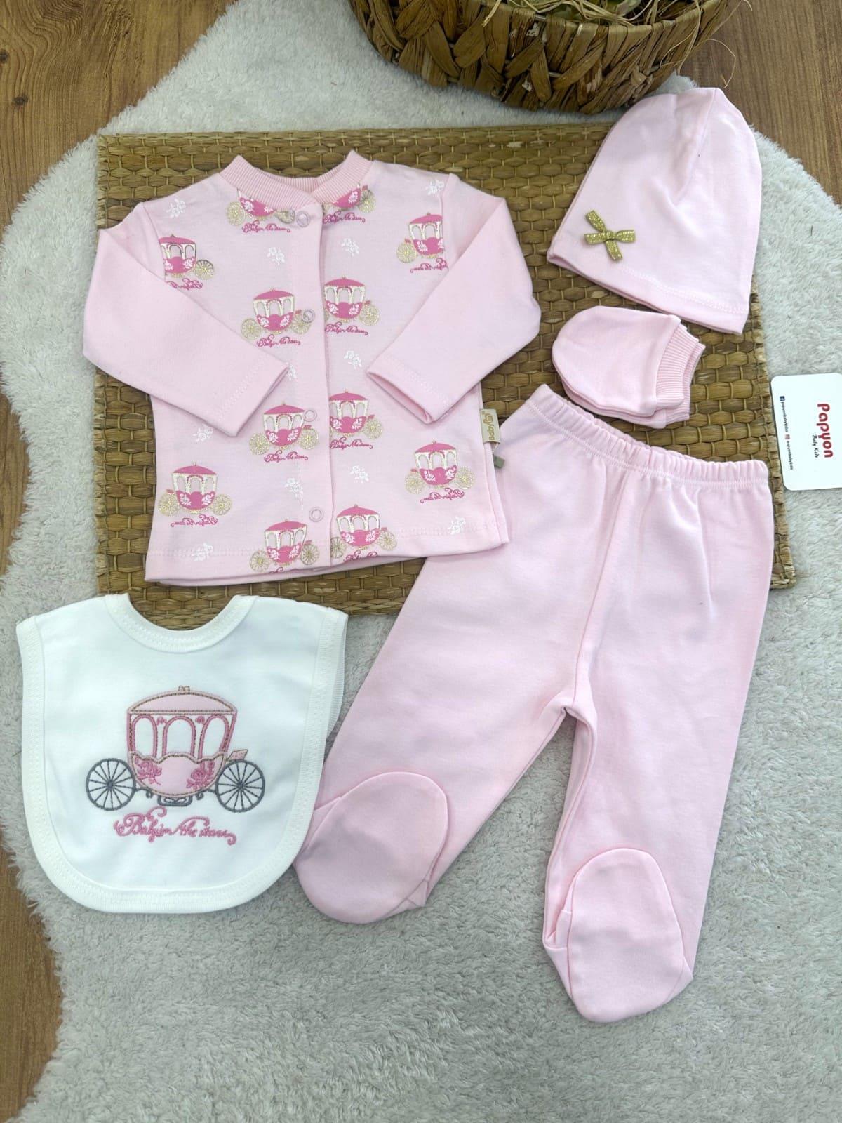Fayton Desenli Yenidoğan Kız Bebek 5li Zıbın Set