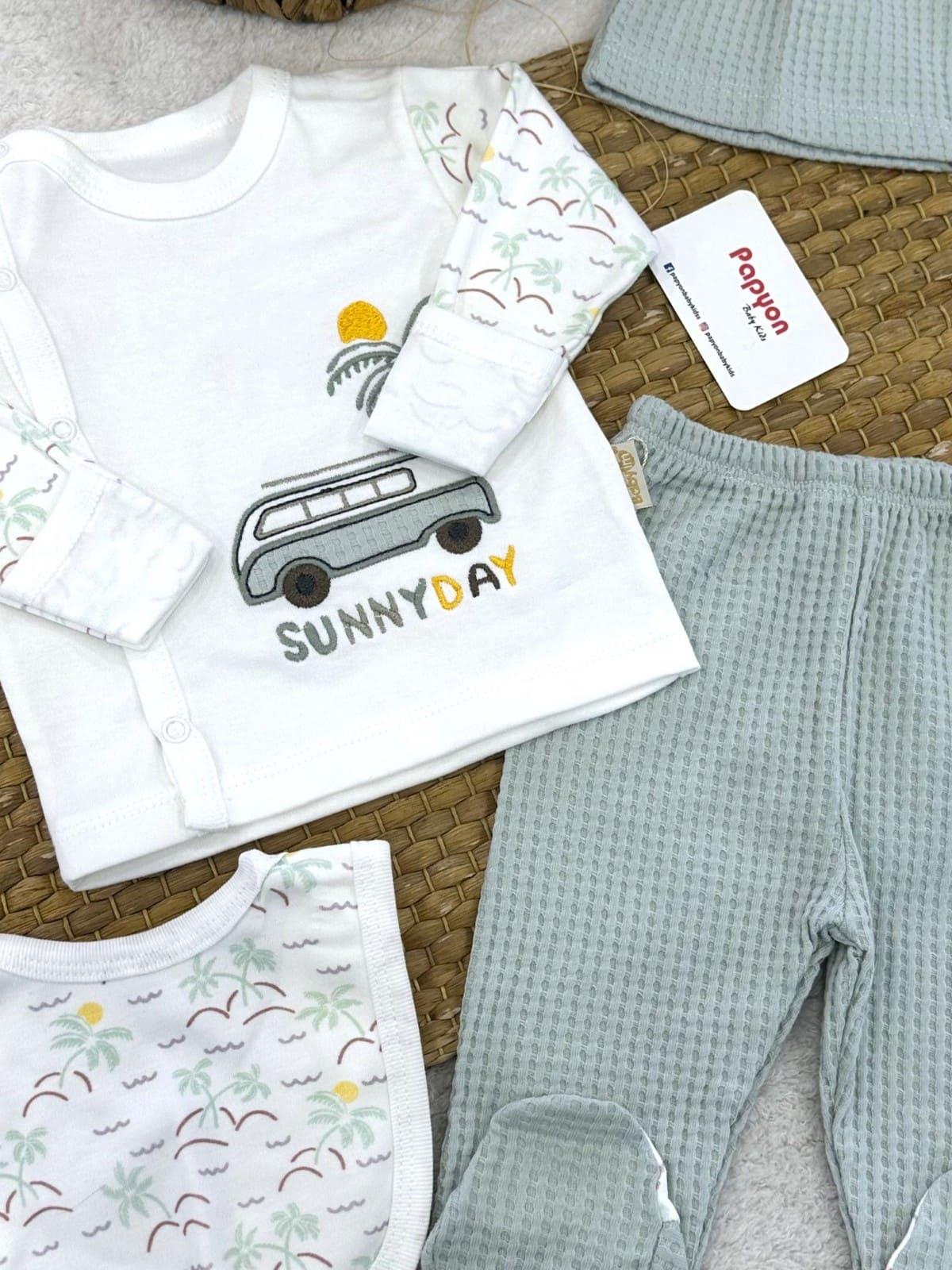Sunny Day Nakışlı Yenidoğan Erkek Bebek 5li Zıbın Set