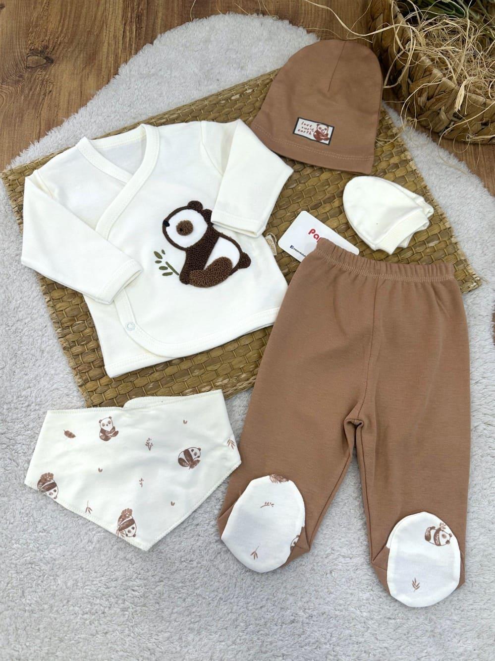 Süzene Panda Nakışlı Yenidoğan Erkek Bebek 5li Zıbın Set