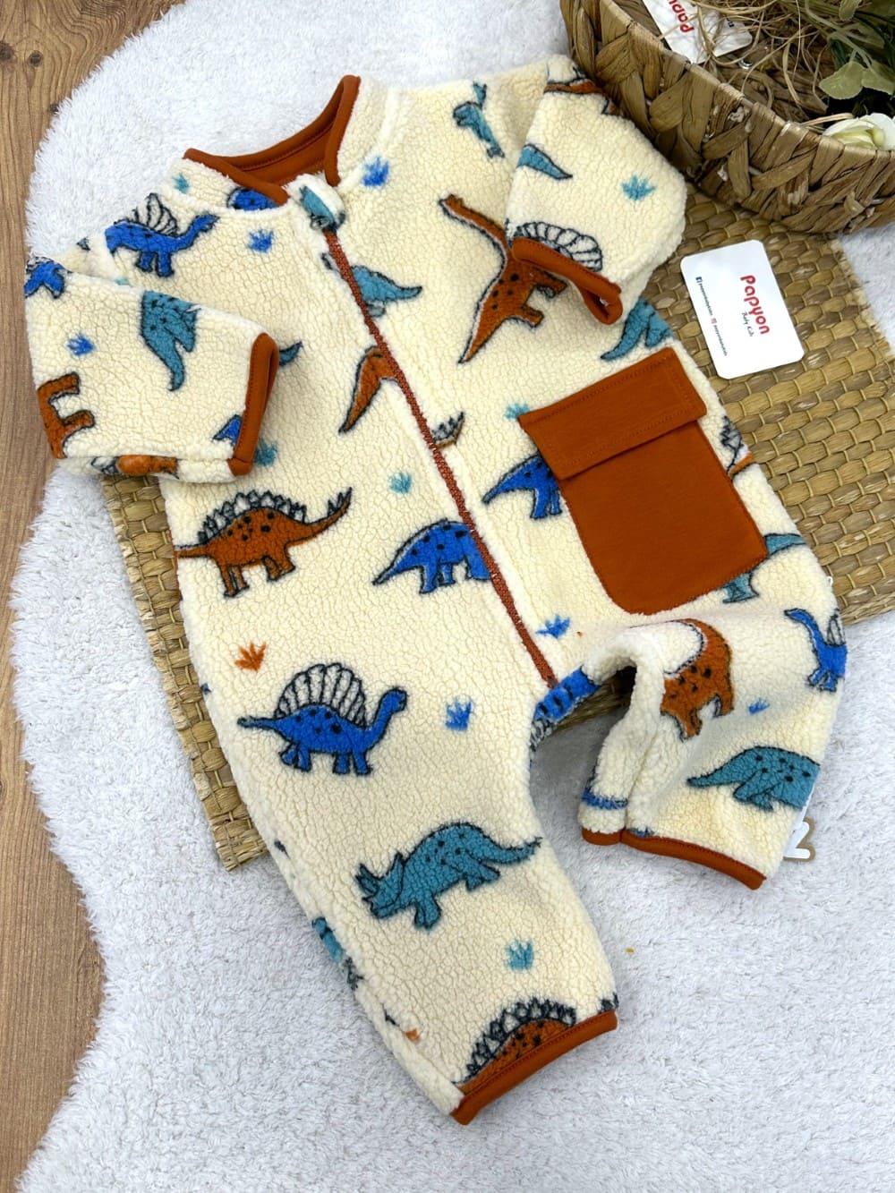 Dinozor Desenli Cepli Erkek Bebek Peluş Tulum (3-6/6-9/9-12 Ay)
