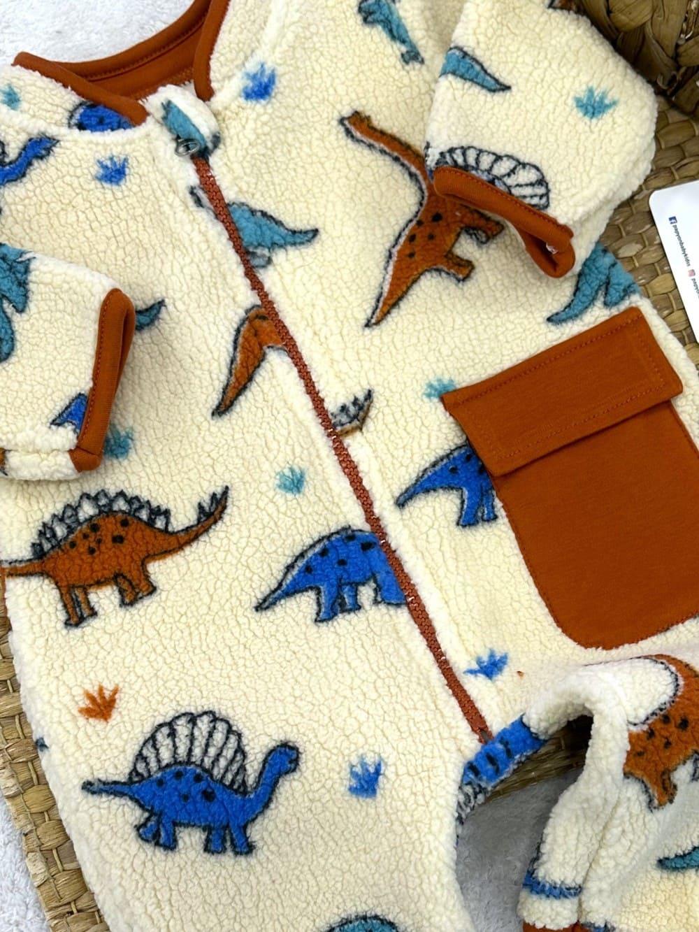 Dinozor Desenli Cepli Erkek Bebek Peluş Tulum (3-6/6-9/9-12 Ay)