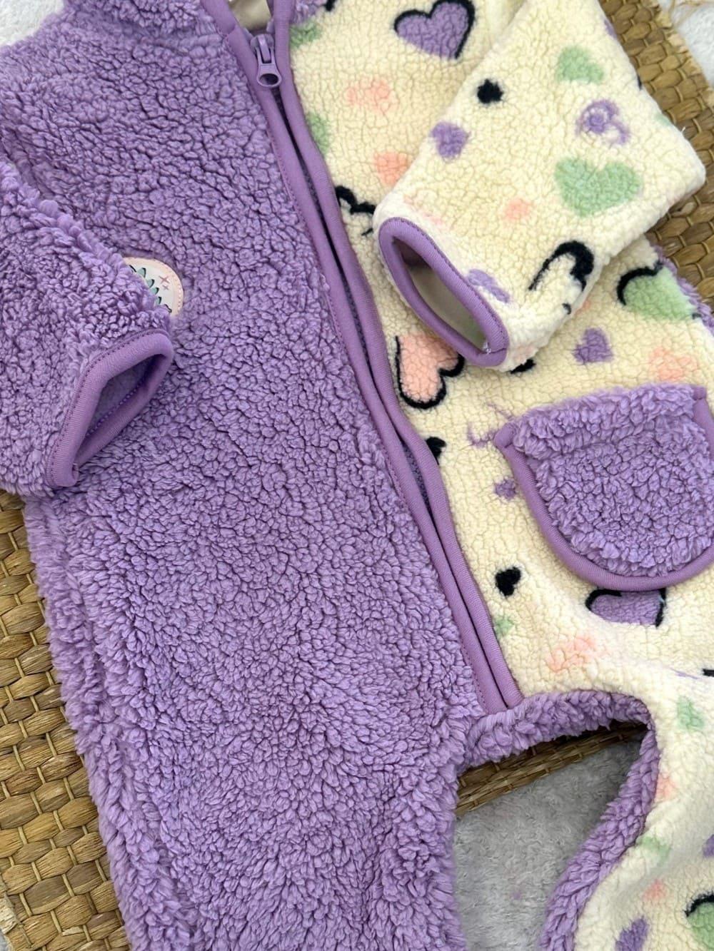 Kalp Desenli Cepli Kapşonlu Fermuarlı Kız Bebek Peluş Tulum (3-6/6-9/9-12 Ay)