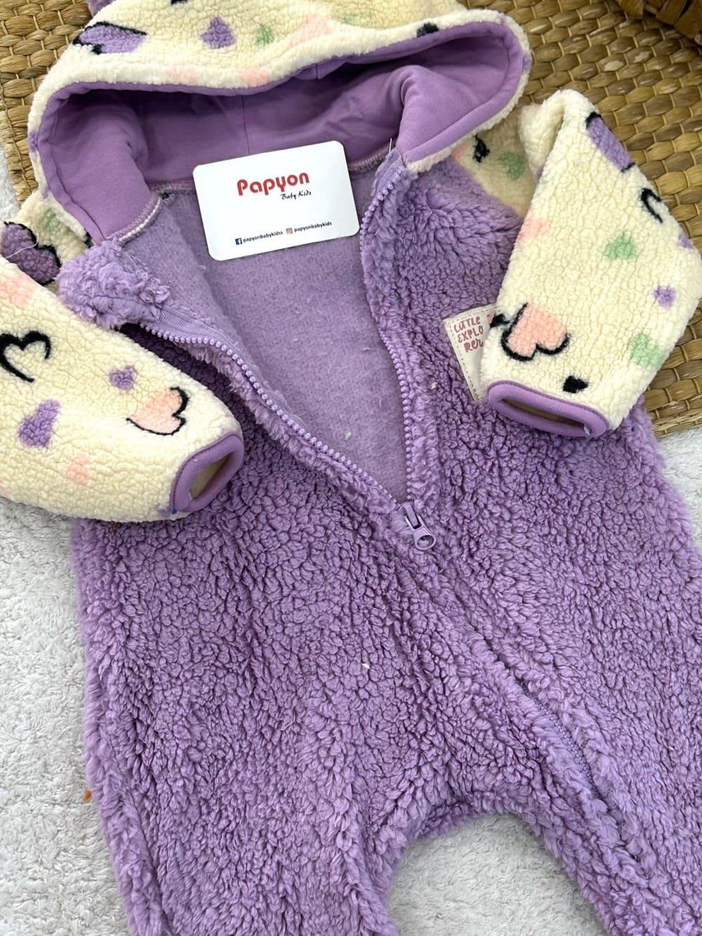 Kalp Desenli Cepli Kapşonlu Fermuarlı Kız Bebek Peluş Tulum (3-6/6-9/9-12 Ay)