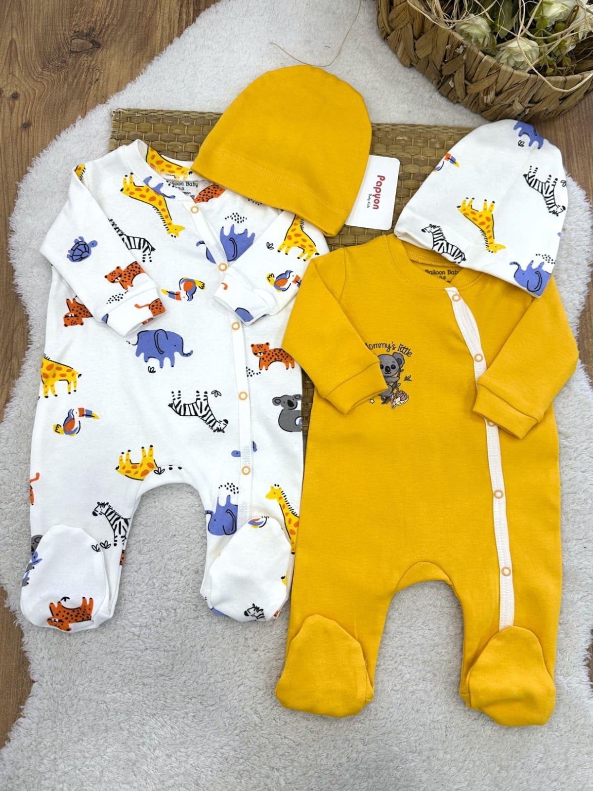 Safari Hayvanları Baskılı Erkek Bebek 2li Patikli Tulum Set 0-3/3-6 Ay