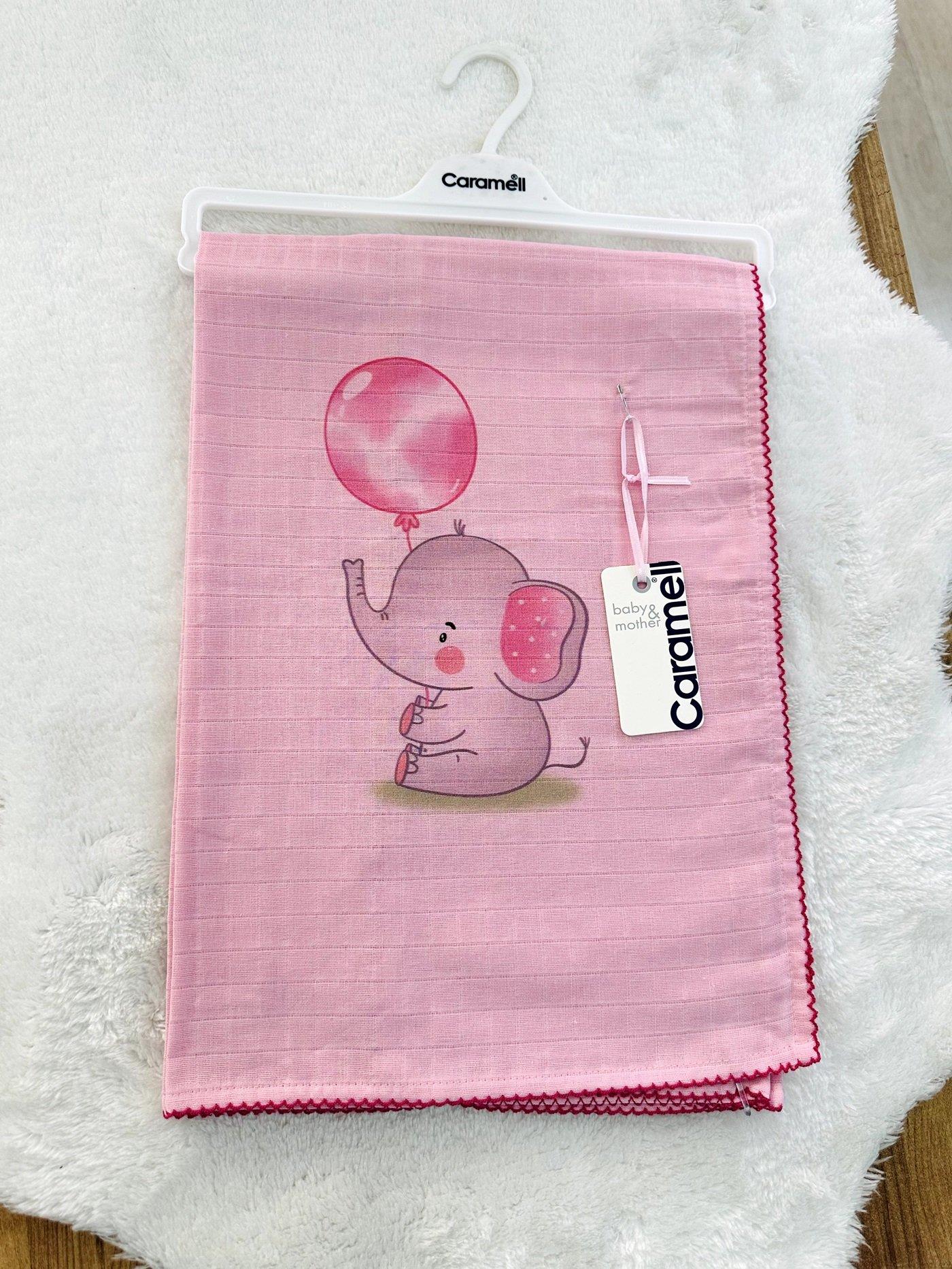 Balonlu Fil Baskılı Tek Kat Müslin Bebek Battaniyesi 80x90 Cm