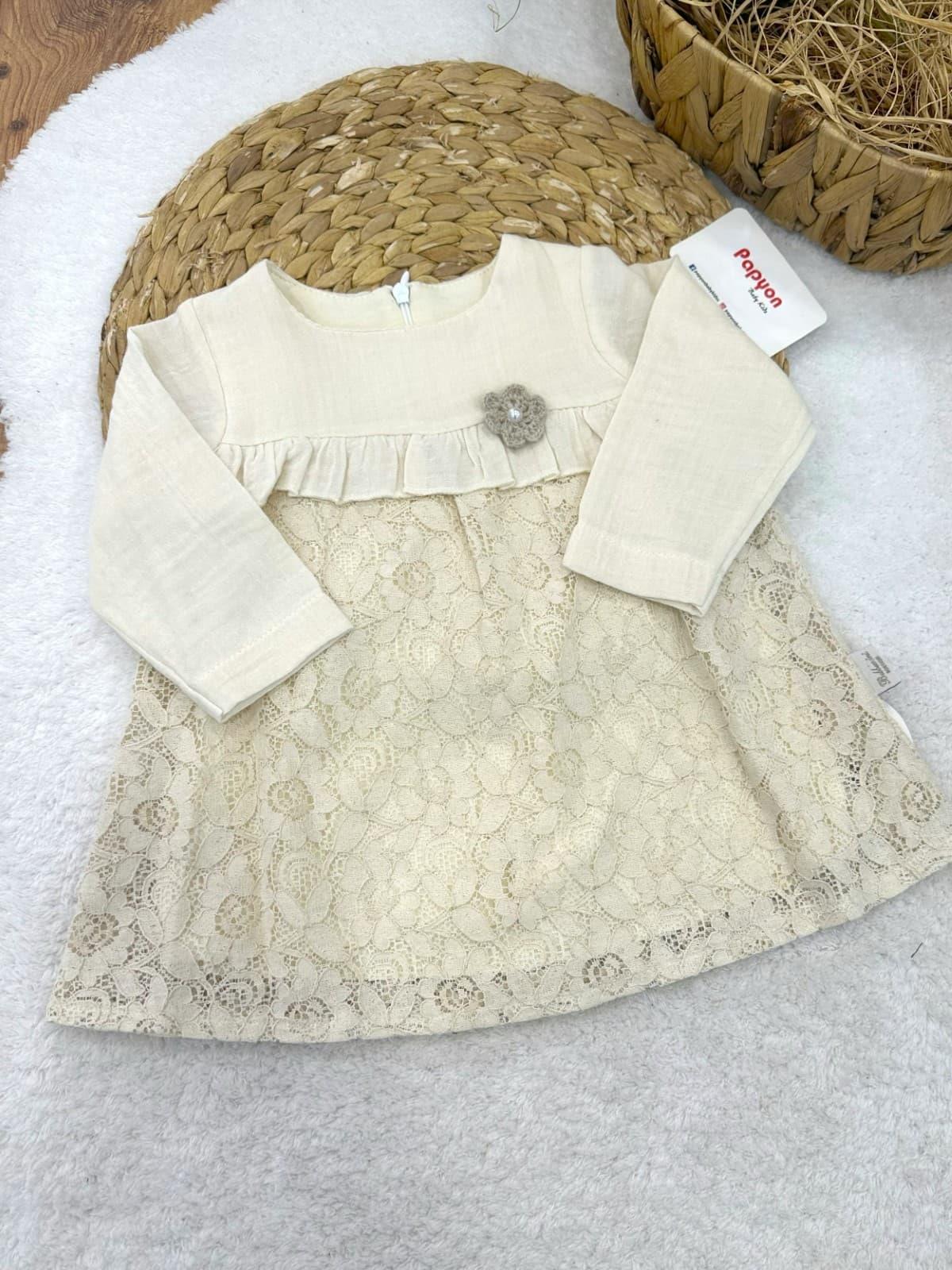 Üst Müslin Alt Dantelli Kız Bebek Elbise (6-9/9-12/12-18/18-24/24-36 Ay)