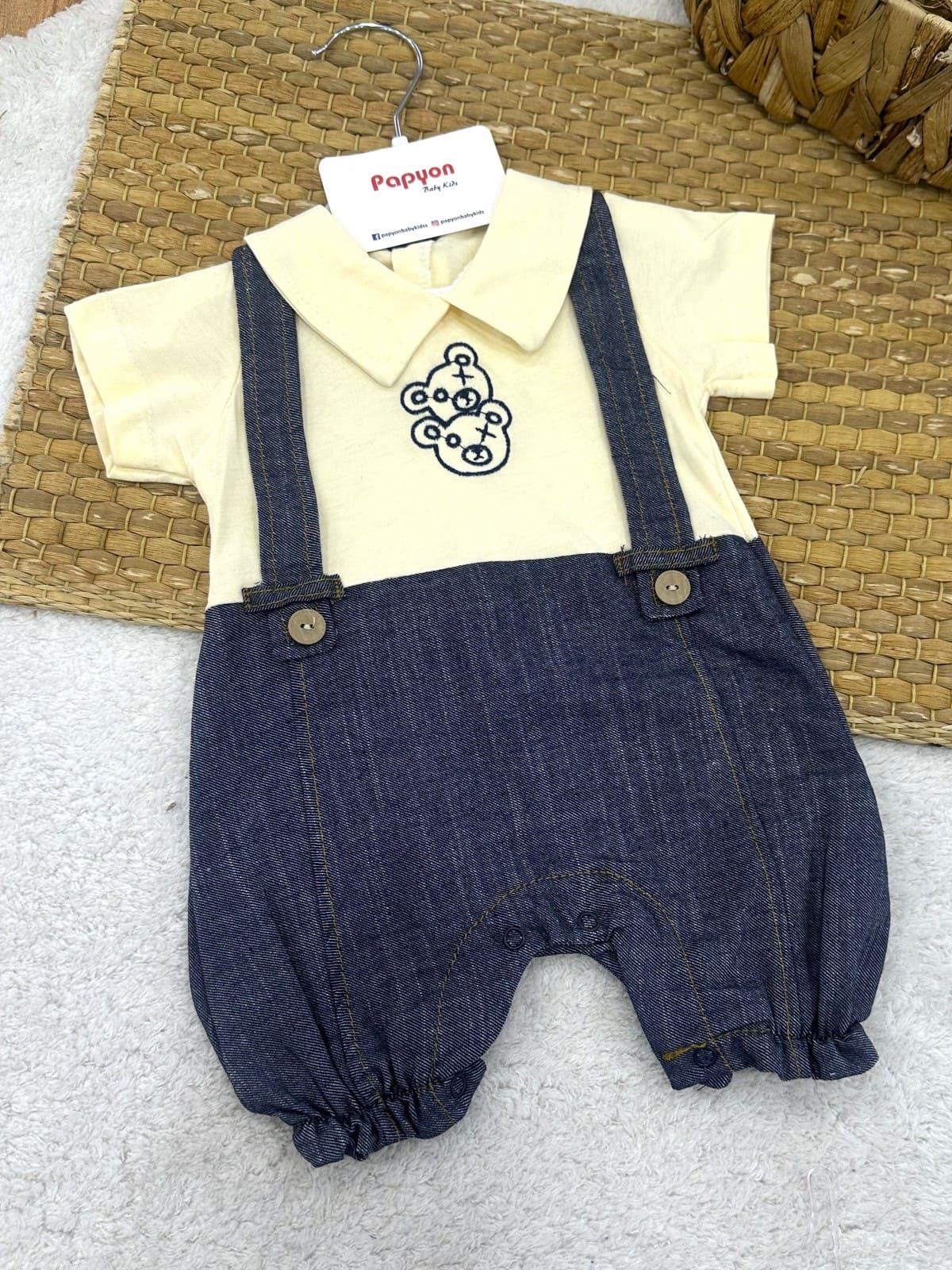 Ayıcık Nakışlı Pantolon Askılı Görünümlü Yakalı Erkek Bebek Yazlık Tulum (0-3/3-6/6-9 Ay)