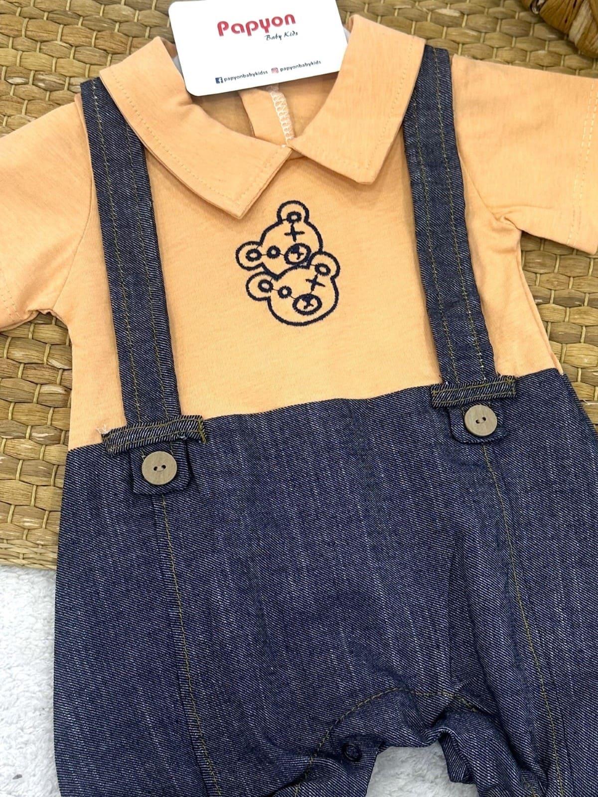 Ayıcık Nakışlı Pantolon Askılı Görünümlü Yakalı Erkek Bebek Yazlık Tulum (0-3/3-6/6-9 Ay)