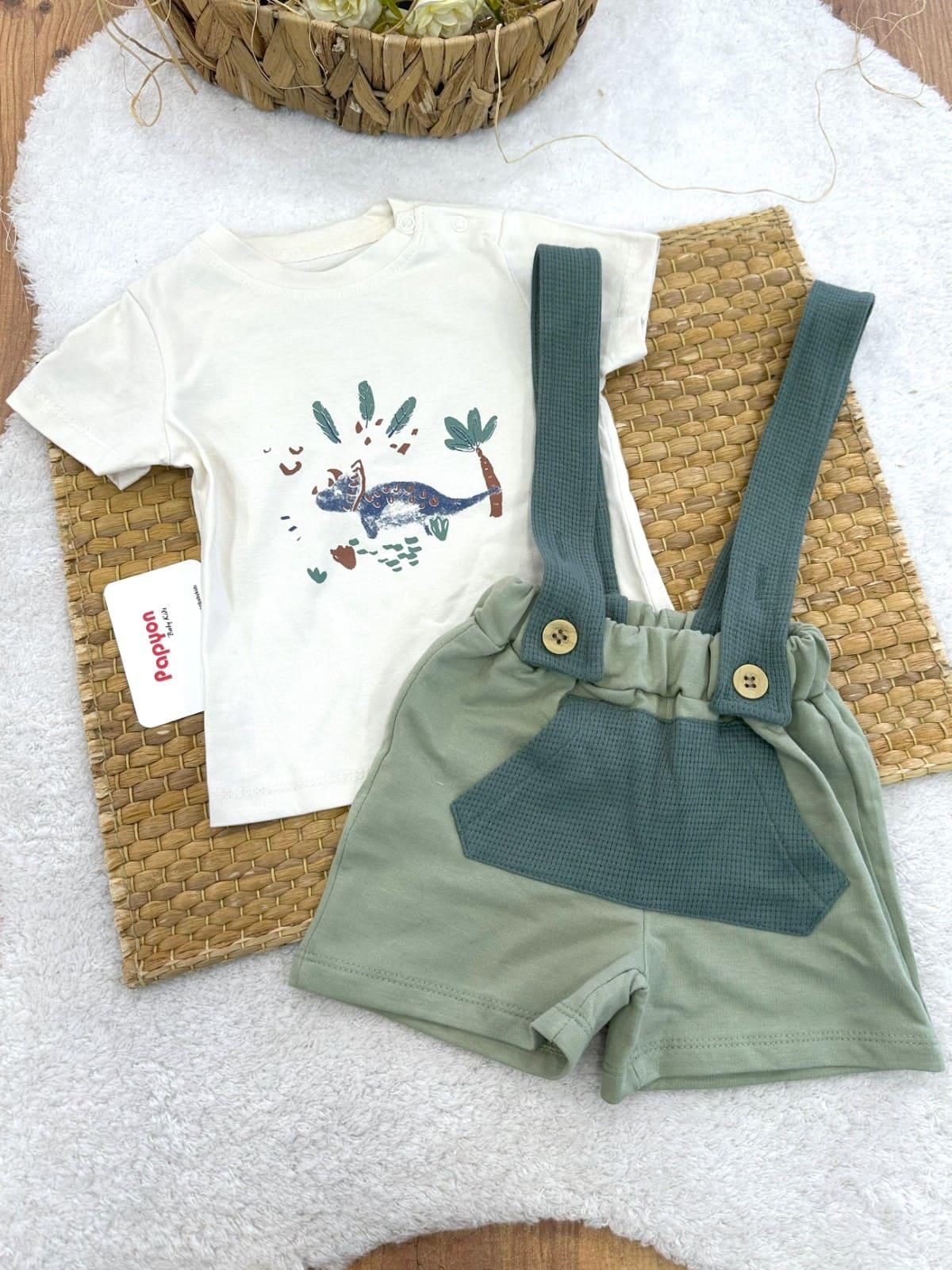 Dinozor Baskılı Tişört Askılı Şort Erkek Bebek Takım (6-9/9-12/12-18/18-24 Ay)