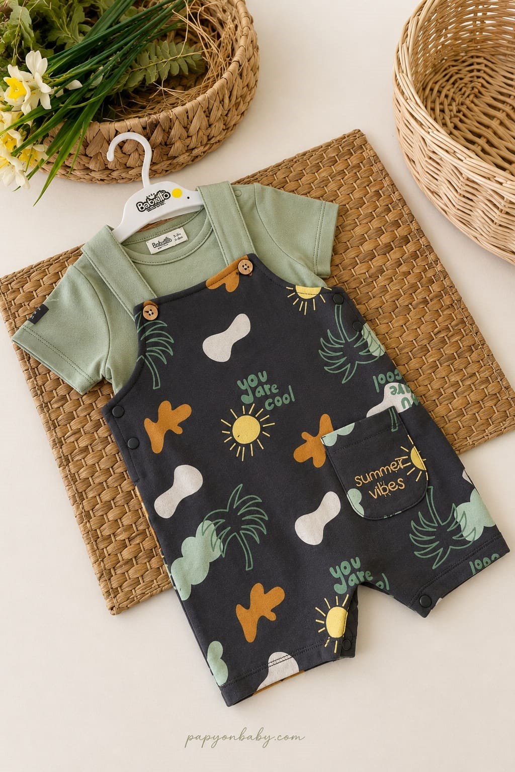 Summer Vibes Nakışlı Cepli Erkek Bebek Salopet Takım (6-9/9-12/12-18/18-24 Ay)