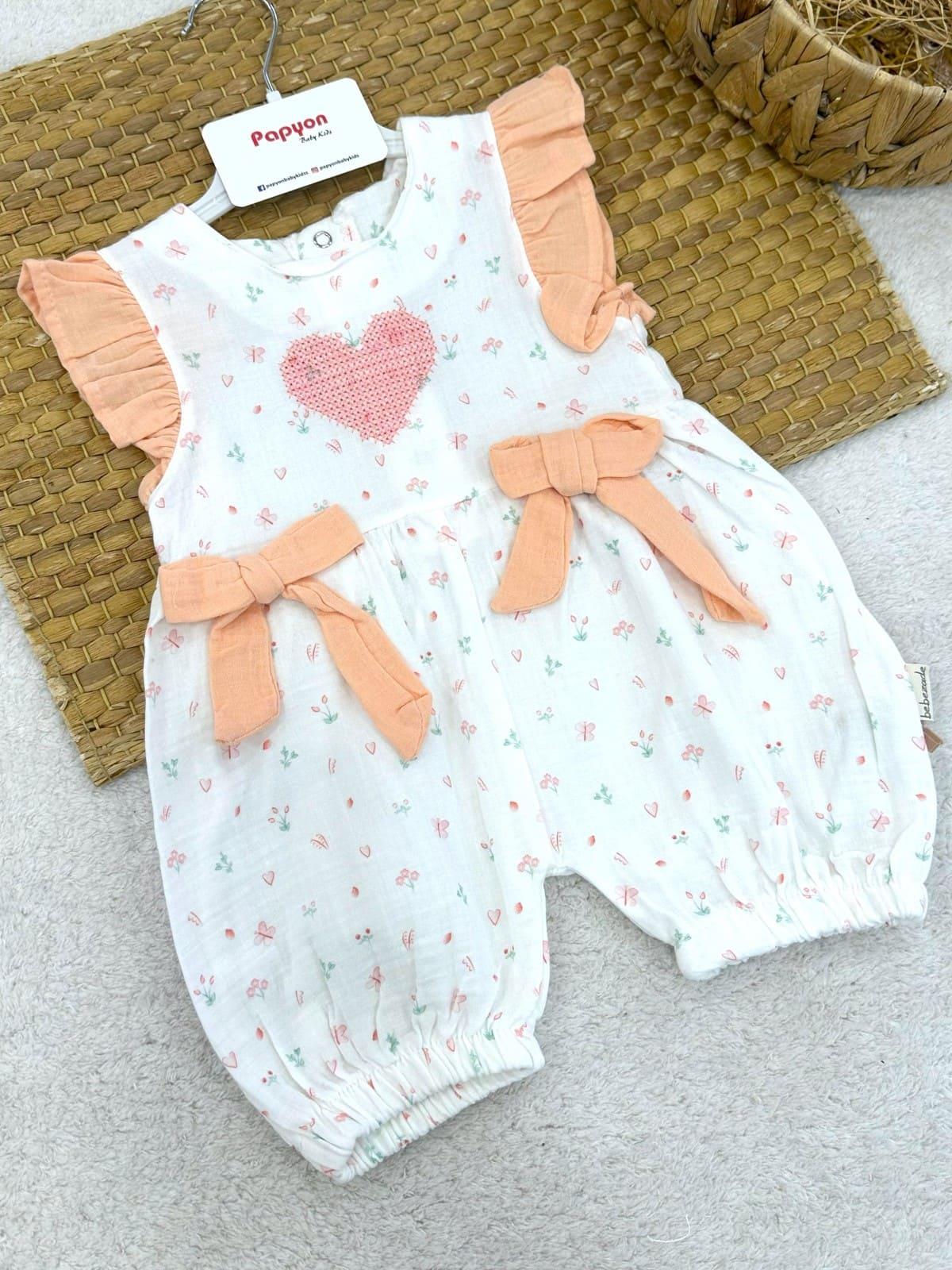 Kalp Nakışlı Kız Bebek Natural Müslin Yazlık Tulum (6-9/9-12/12-18/18-24 Ay)