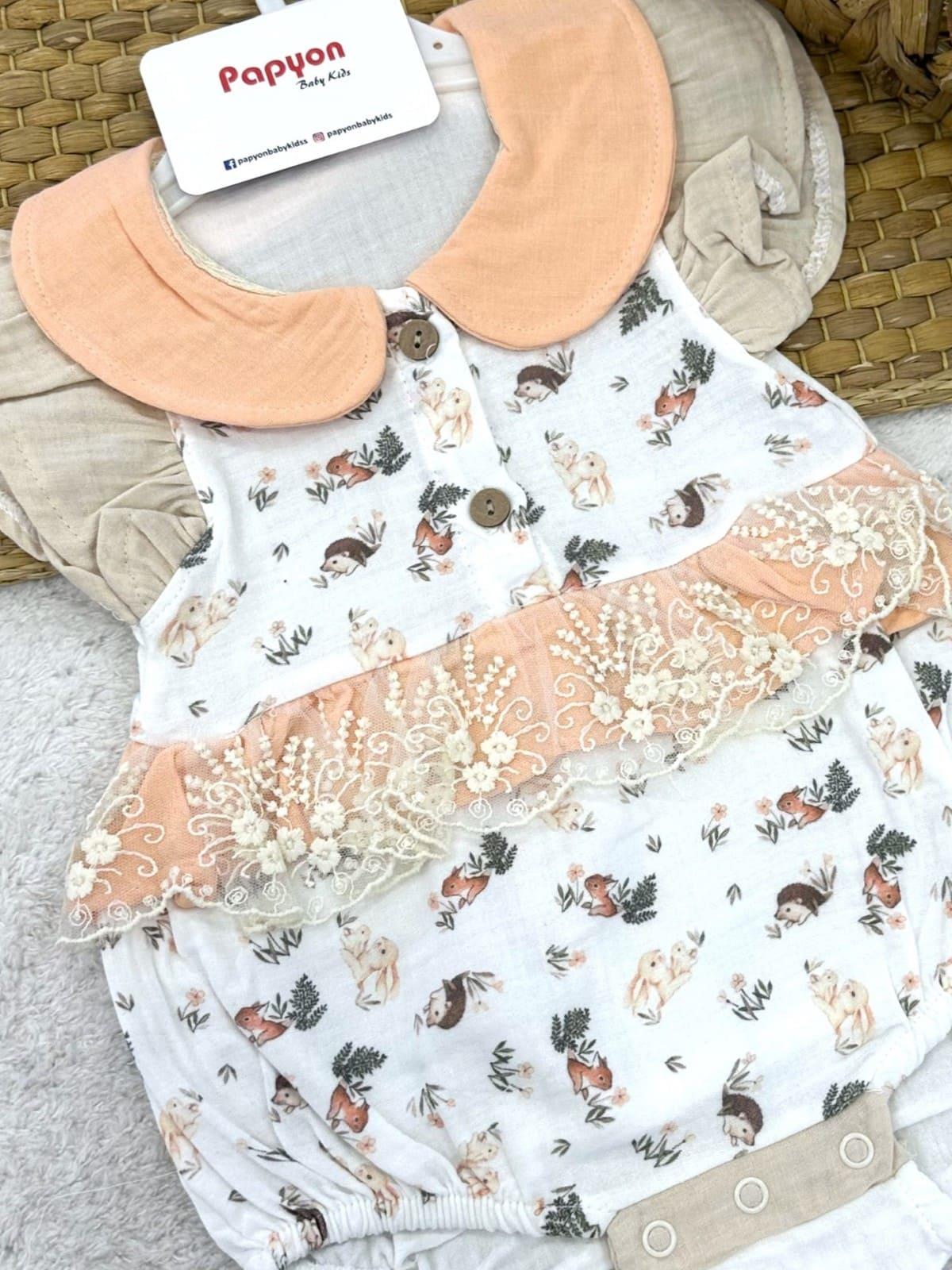 Tavşan Kirpi Dantelli Kız Bebek Müslin Romper Badi (6-9/9-12/12-18/18-24 Ay)