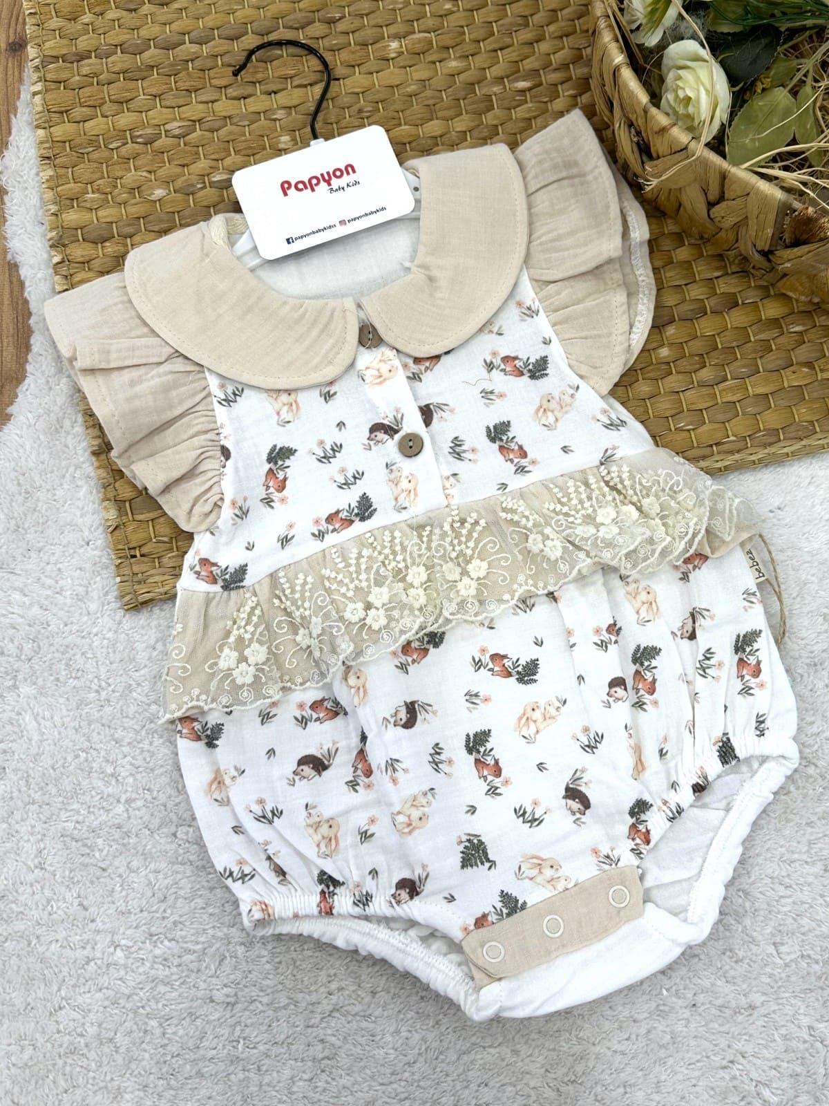 Tavşan Kirpi Dantelli Kız Bebek Müslin Romper Badi (6-9/9-12/12-18/18-24 Ay)