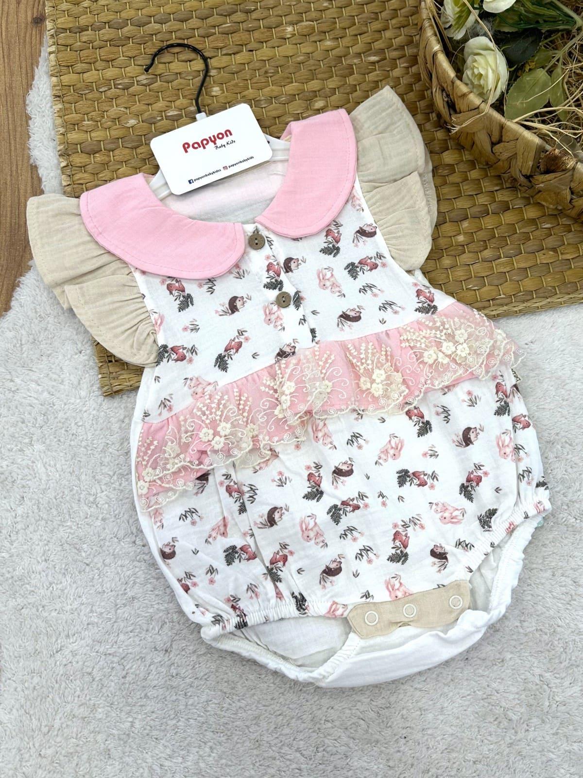 Tavşan Kirpi Dantelli Kız Bebek Müslin Romper Badi (6-9/9-12/12-18/18-24 Ay)