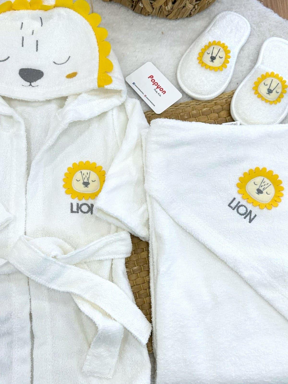Aslan Lion Nakışlı Erkek Bebek 3lü Havlu Bornoz Set