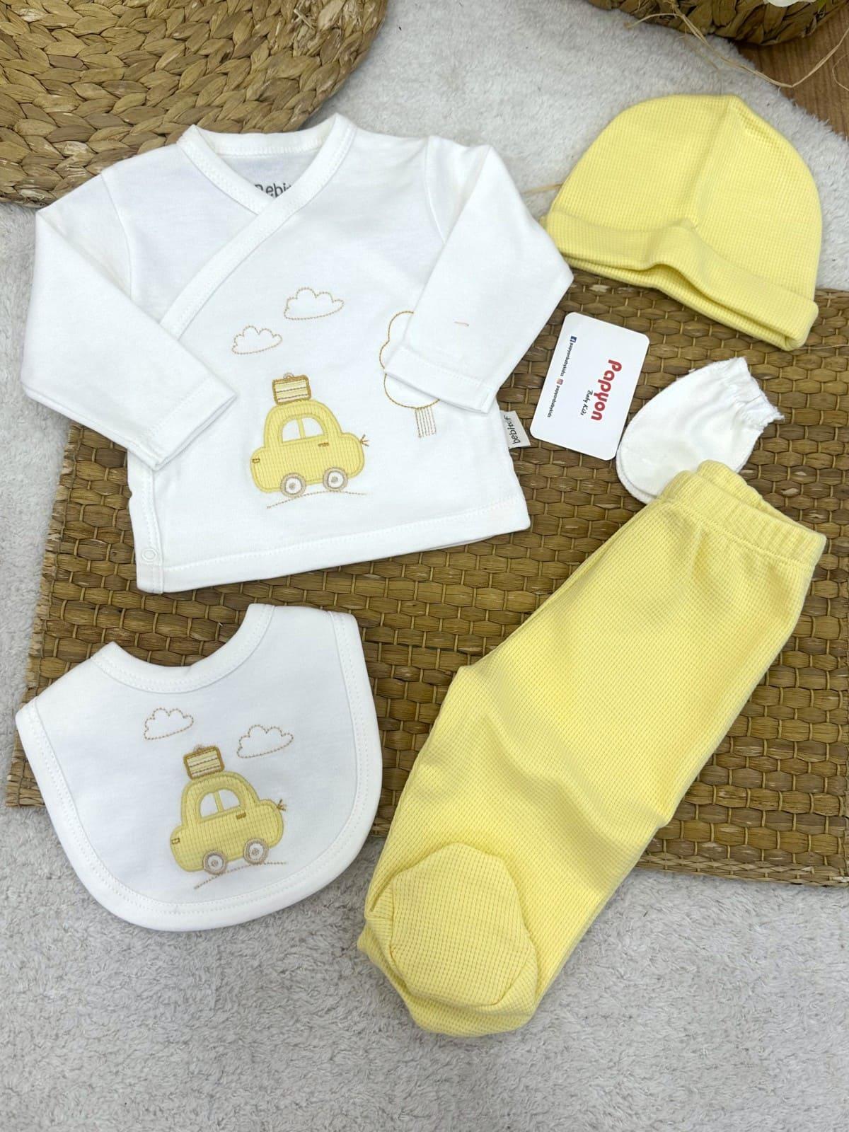 Bavullu Araba Nakışlı Yenidoğan Erkek Bebek 5li Zıbın Set