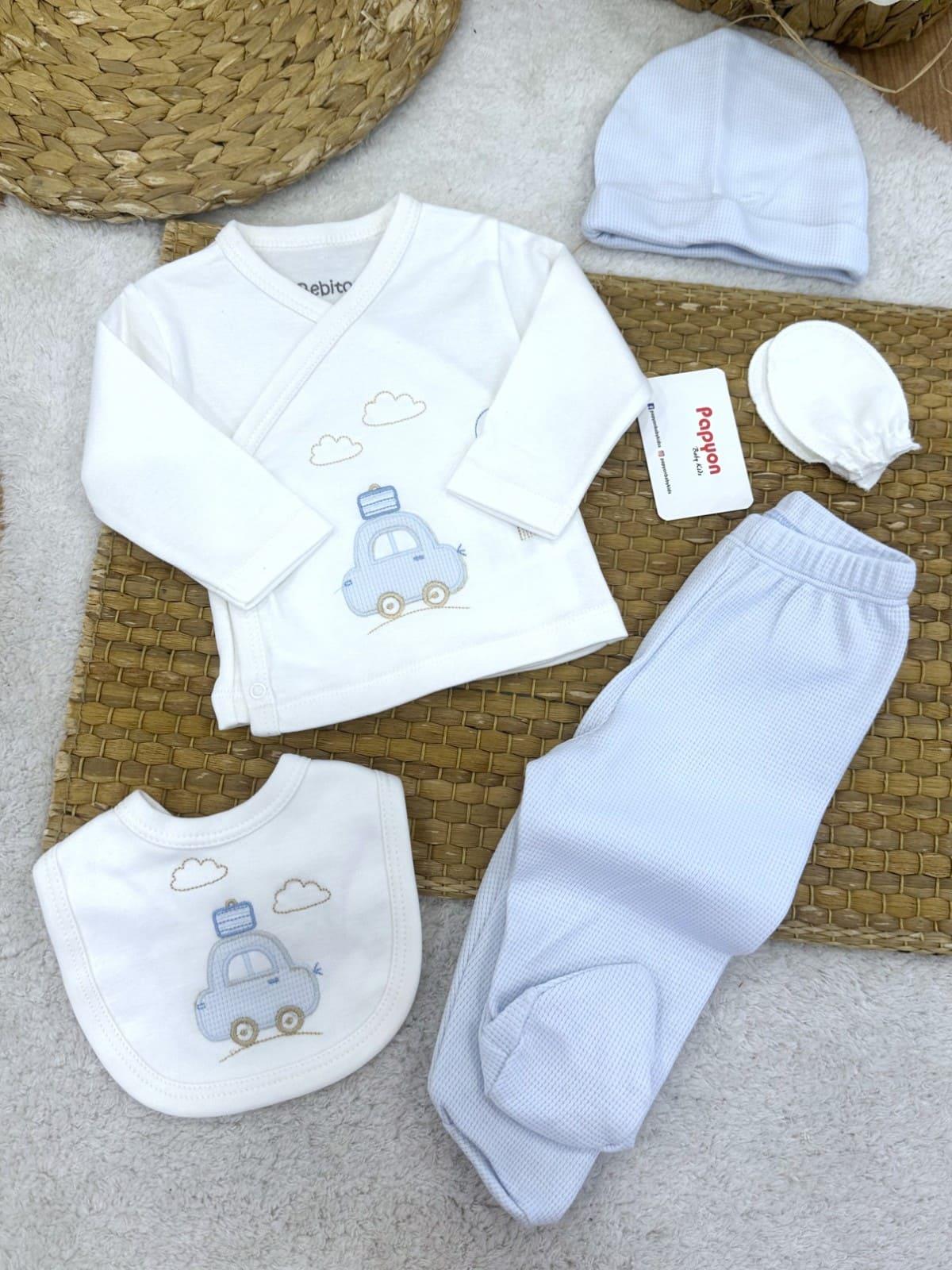 Bavullu Araba Nakışlı Yenidoğan Erkek Bebek 5li Zıbın Set