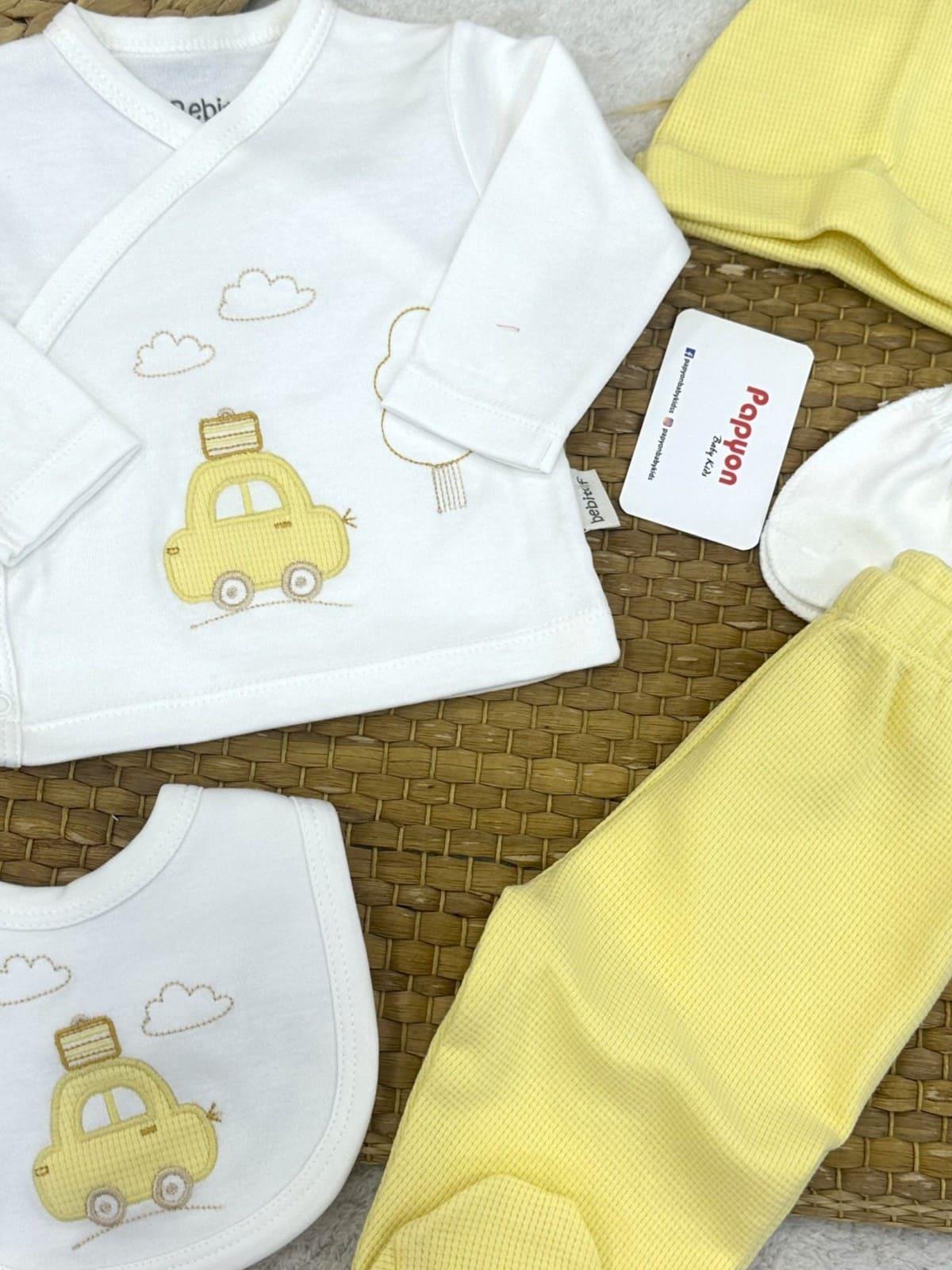 Bavullu Araba Nakışlı Yenidoğan Erkek Bebek 5li Zıbın Set
