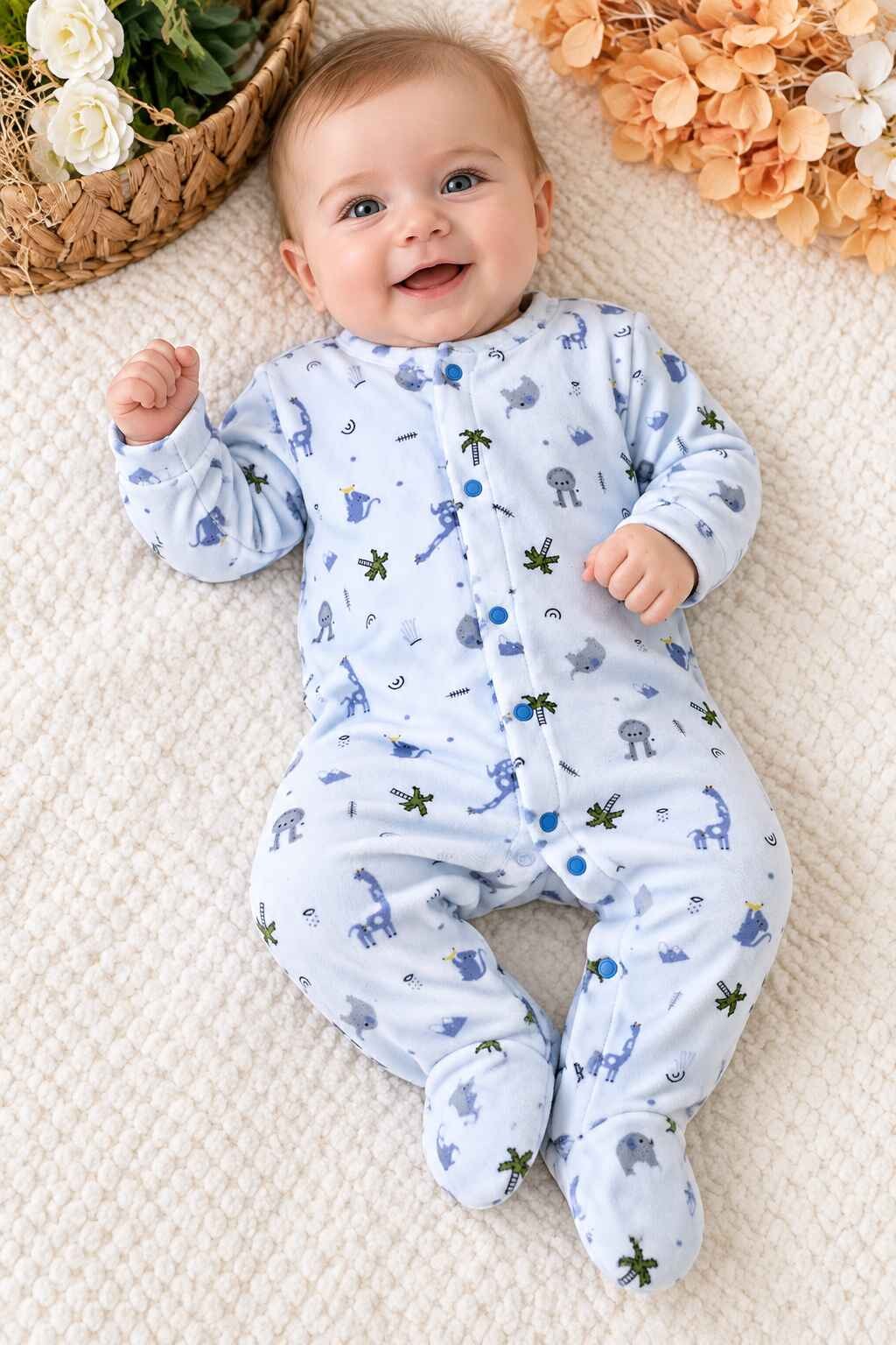 Hayvan Desenli Kadife Erkek Bebek Tulum (Kadife)(0-3/3-6/6-9 Ay)