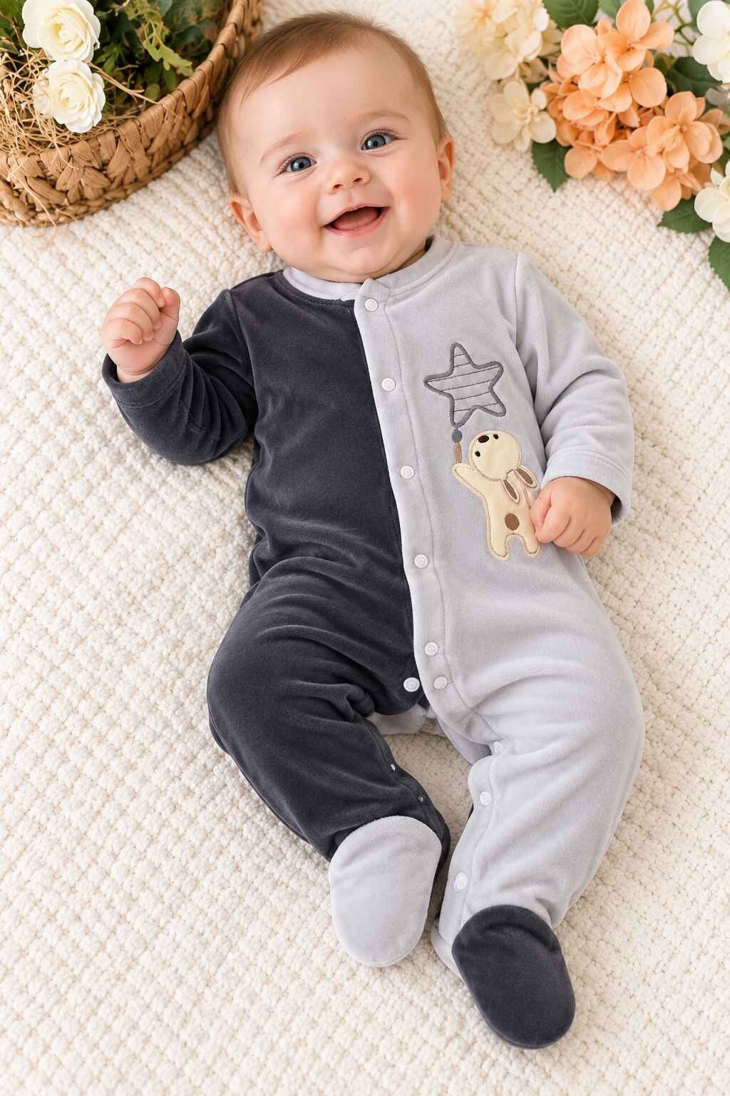 Tavşan ve Yıldız Detaylı Kadife Erkek Bebek Tulum (Kadife)(0-3/3-6/6-9 Ay)
