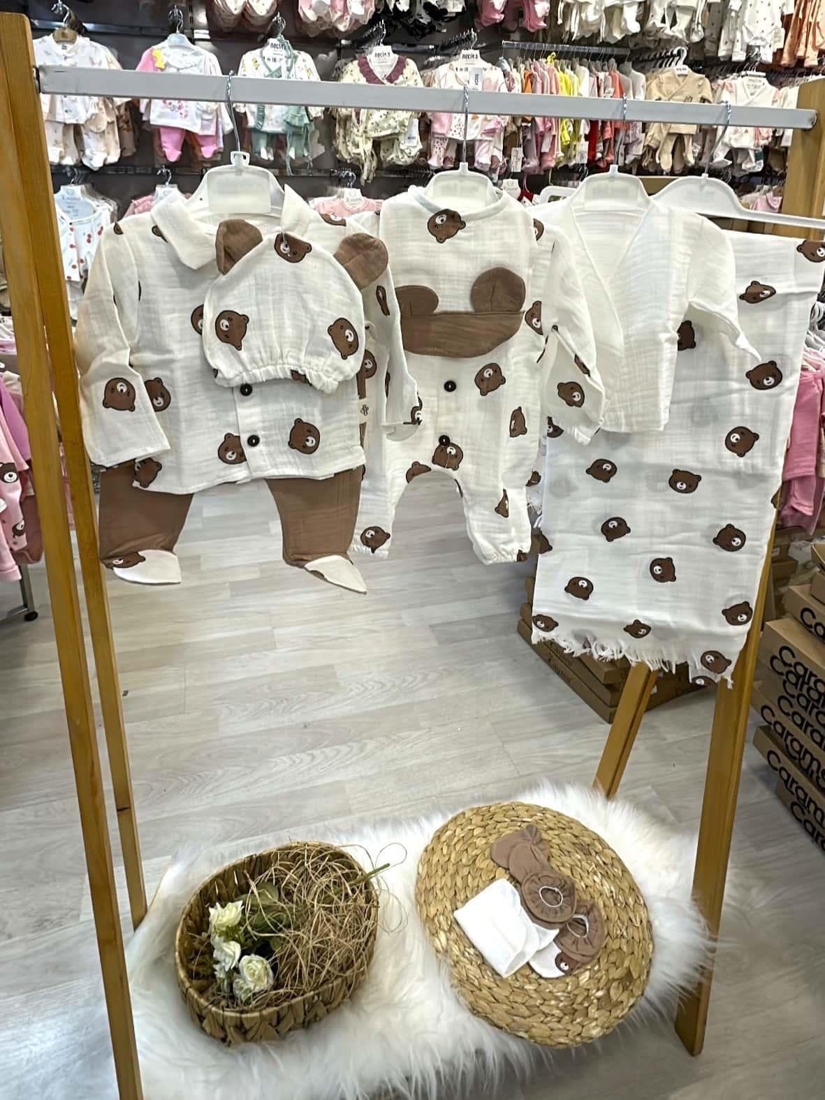 Ayıcık Kafa Baskılı Yenidoğan Erkek Bebek Müslin 10lu Zıbın Set Hastane Çıkışı