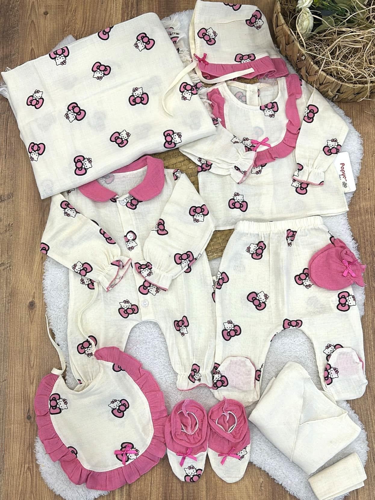 Hello Kitty Baskılı Yenidoğan Kız Bebek Müslin 10lu Hastane Çıkış Seti (Video Açıklamada)