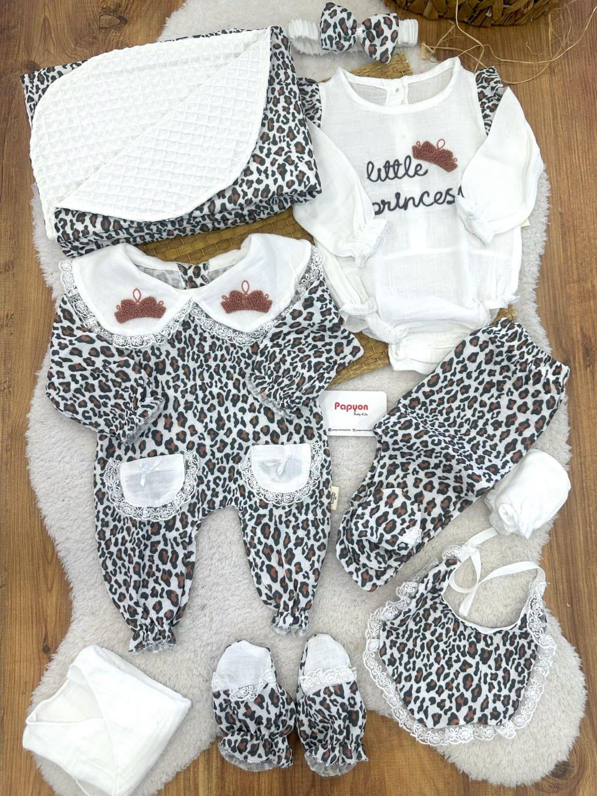 Leopar Desenli Tulumlu Müslin Yenidoğan Kız Bebek 10lu Zıbın Set Hastane Çıkışı