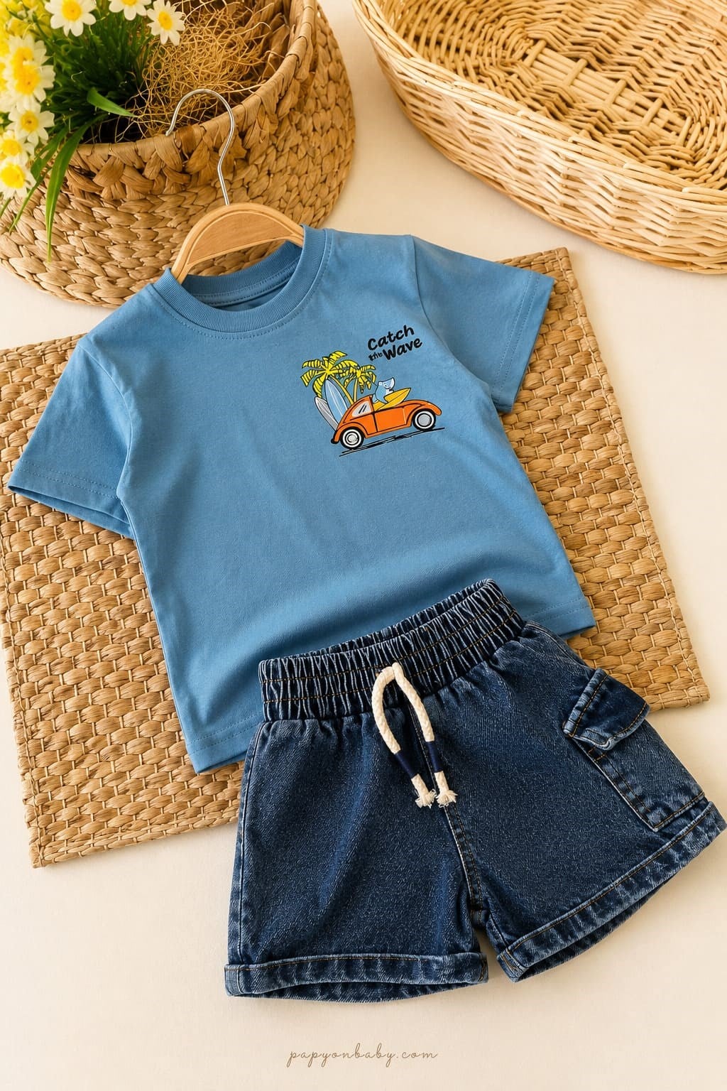 Catch One Wave Baskılı Tişörtlü Kot Şortlu Erkek Çocuk Takım (1-2-3-4 Yaş)