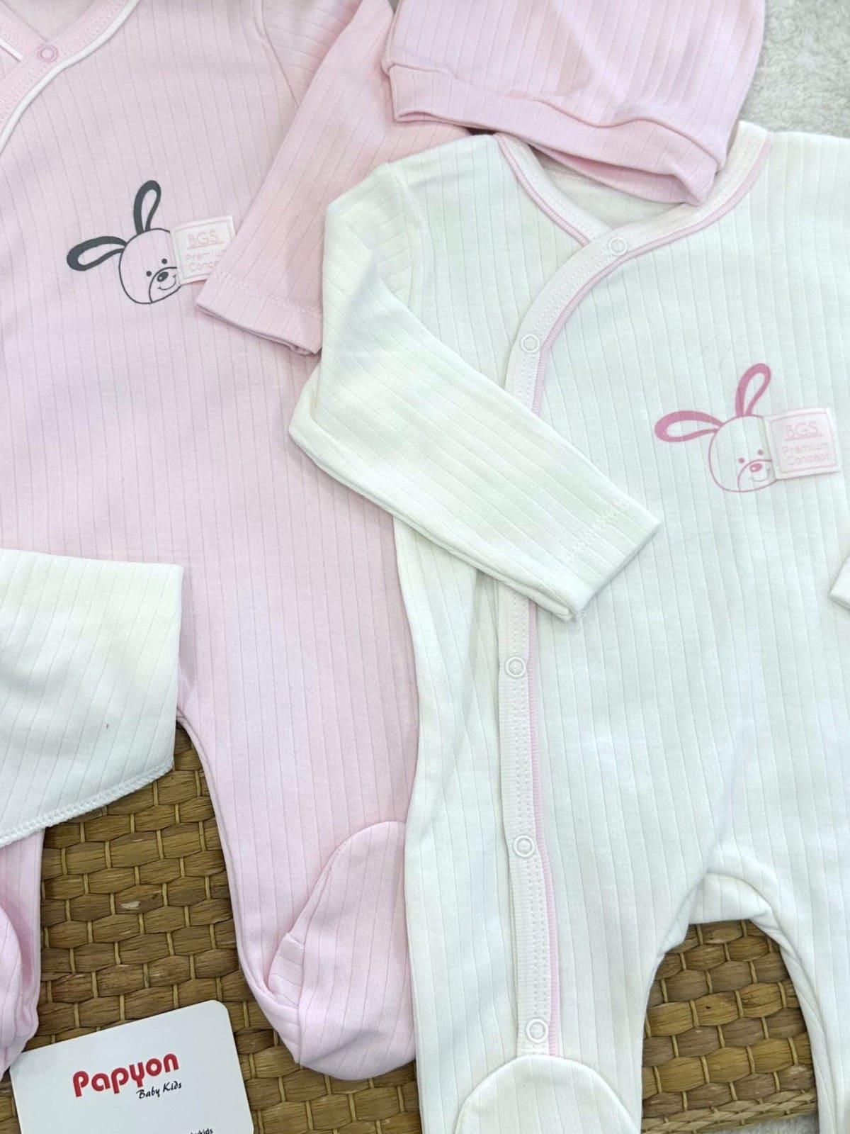 Fitilli Tavşan Baskılı Tulum Önlük Bere Kız Bebek 4lü Set 0-3 Ay