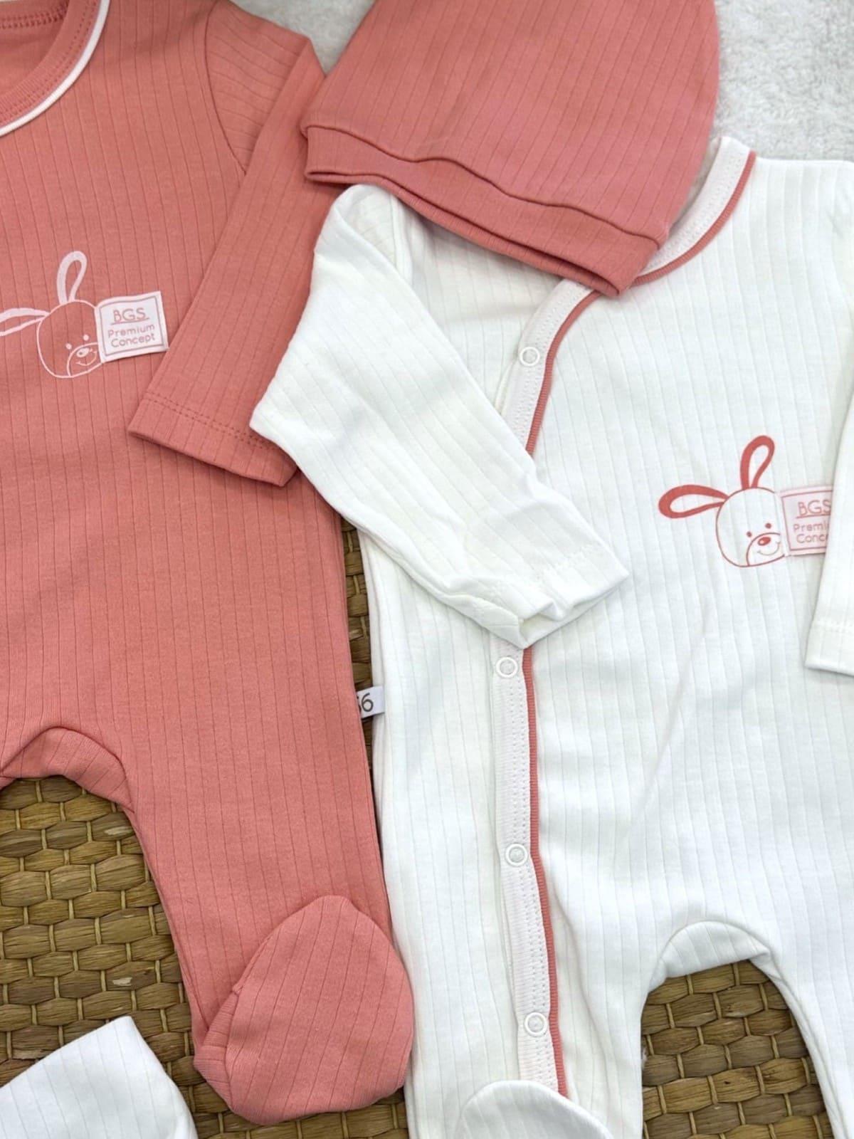 Fitilli Tavşan Baskılı Tulum Önlük Bere Kız Bebek 4lü Set 0-3 Ay