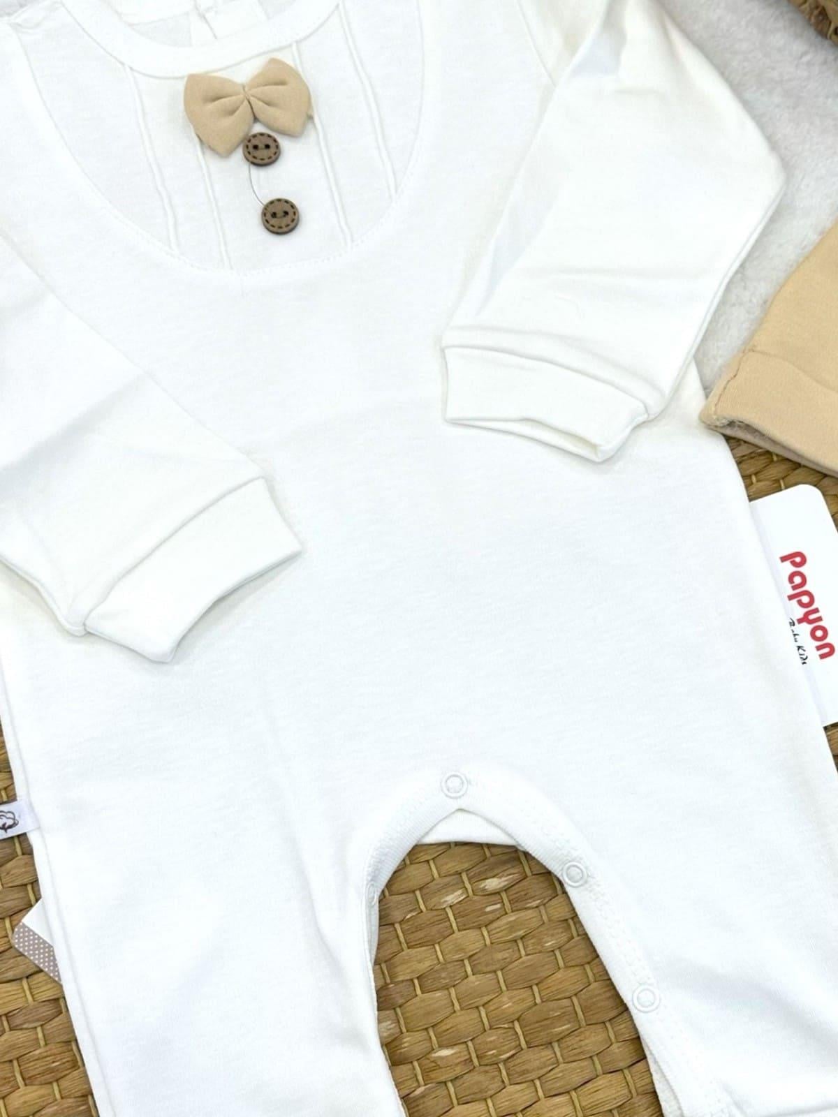 Nervürlü Papyonlu Bereli Eldivenli Erkek Bebek 3lü Tulum Set (0-3/3-6/6-9 Ay)