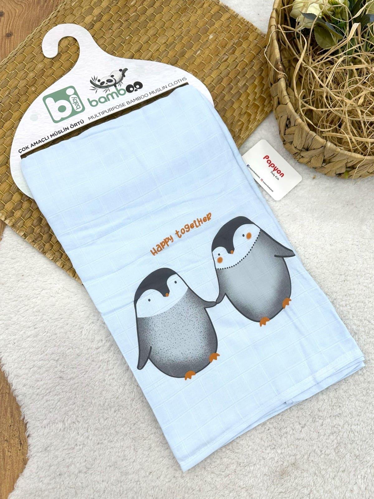 Penguen Baskılı 2 Katlı Bambu Müslin Bebek Battaniyesi 100x130 Cm