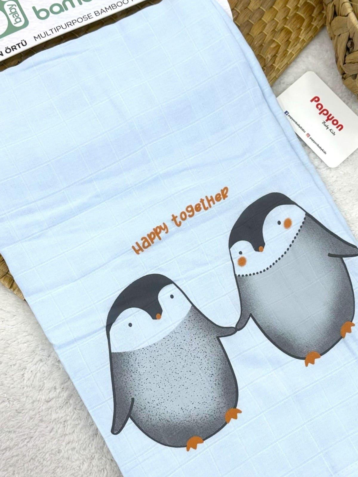 Penguen Baskılı 2 Katlı Bambu Müslin Bebek Battaniyesi 100x130 Cm