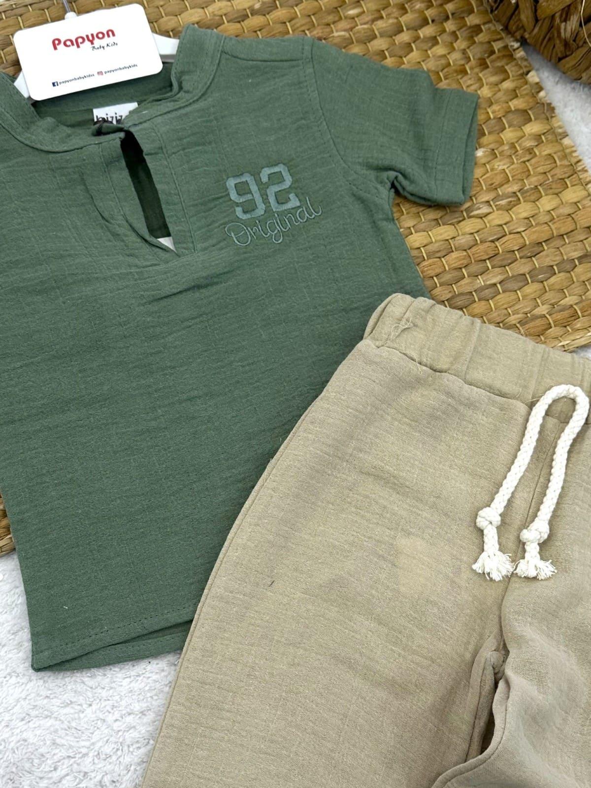 92 Original Nakışlı Gömlek Pantolon Erkek Bebek Müslin Takım (6-9/9-12/12-18/18-24 Ay)